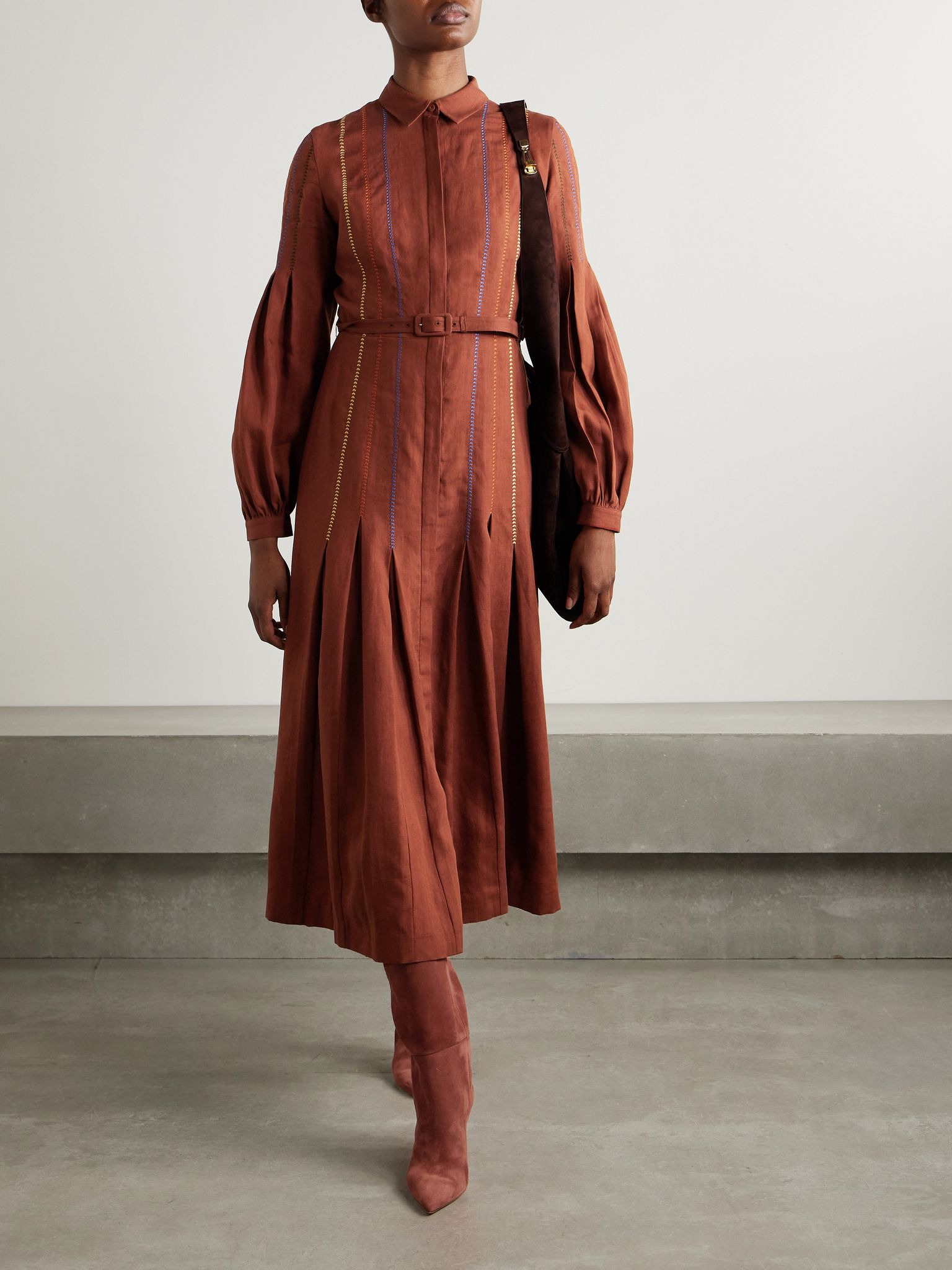 Aleka belted embroidered linen midi shirt dress Burgundy - 2