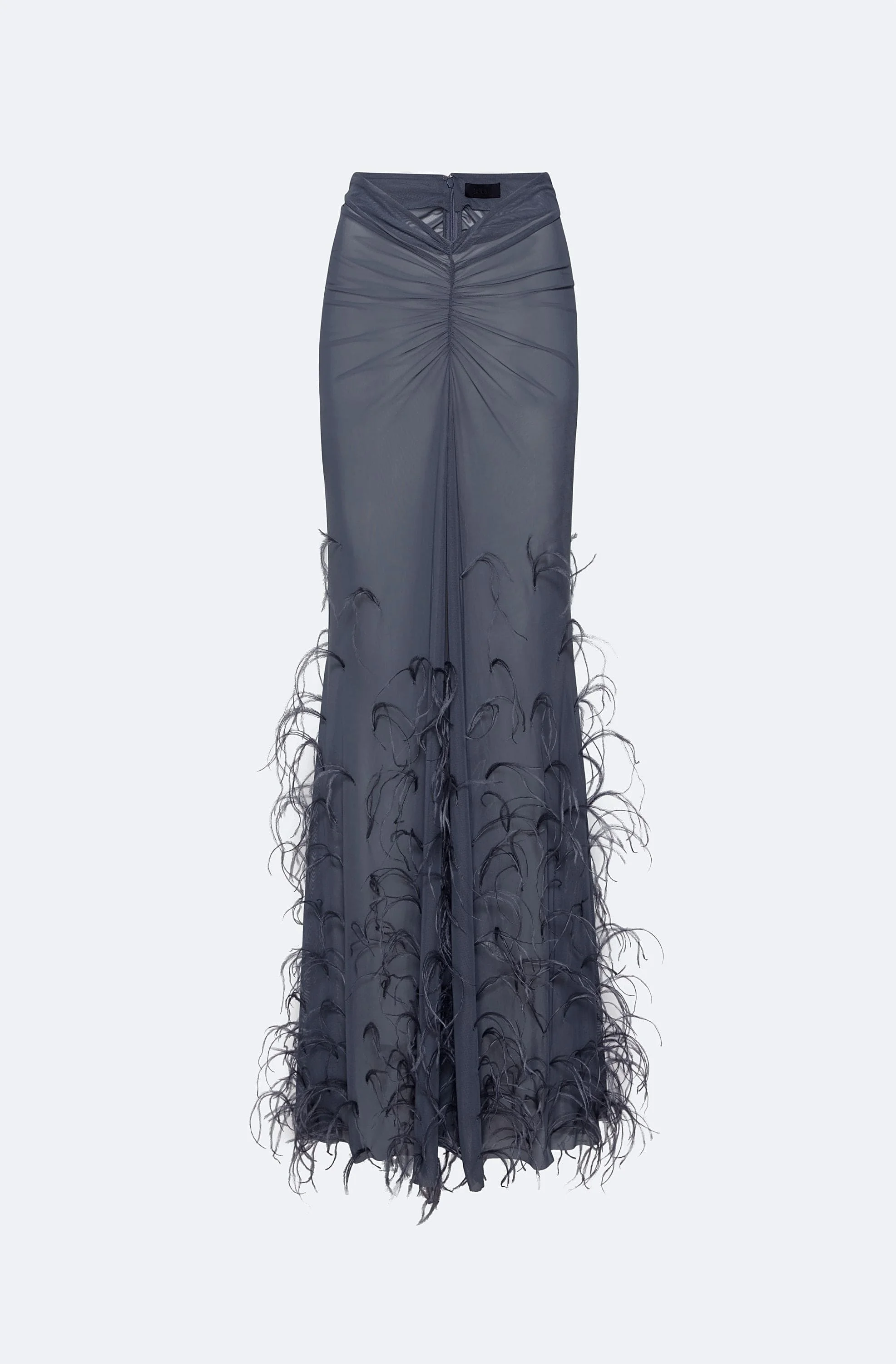 Mesh Ruched Maxi Skirt With Feathers - 1