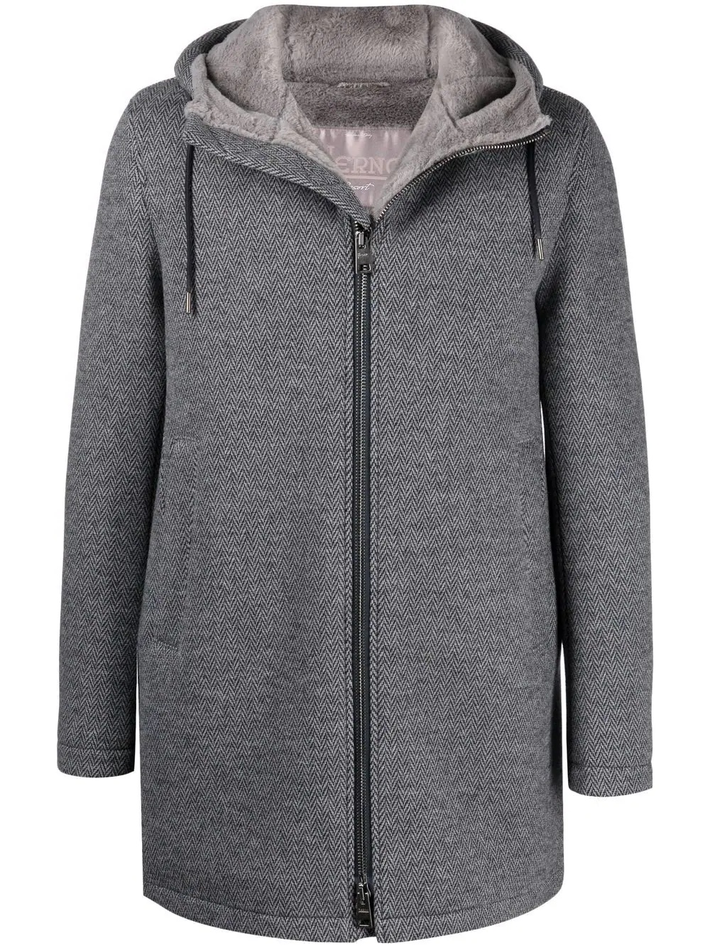 herringbone-patterned hooded short coat - 1