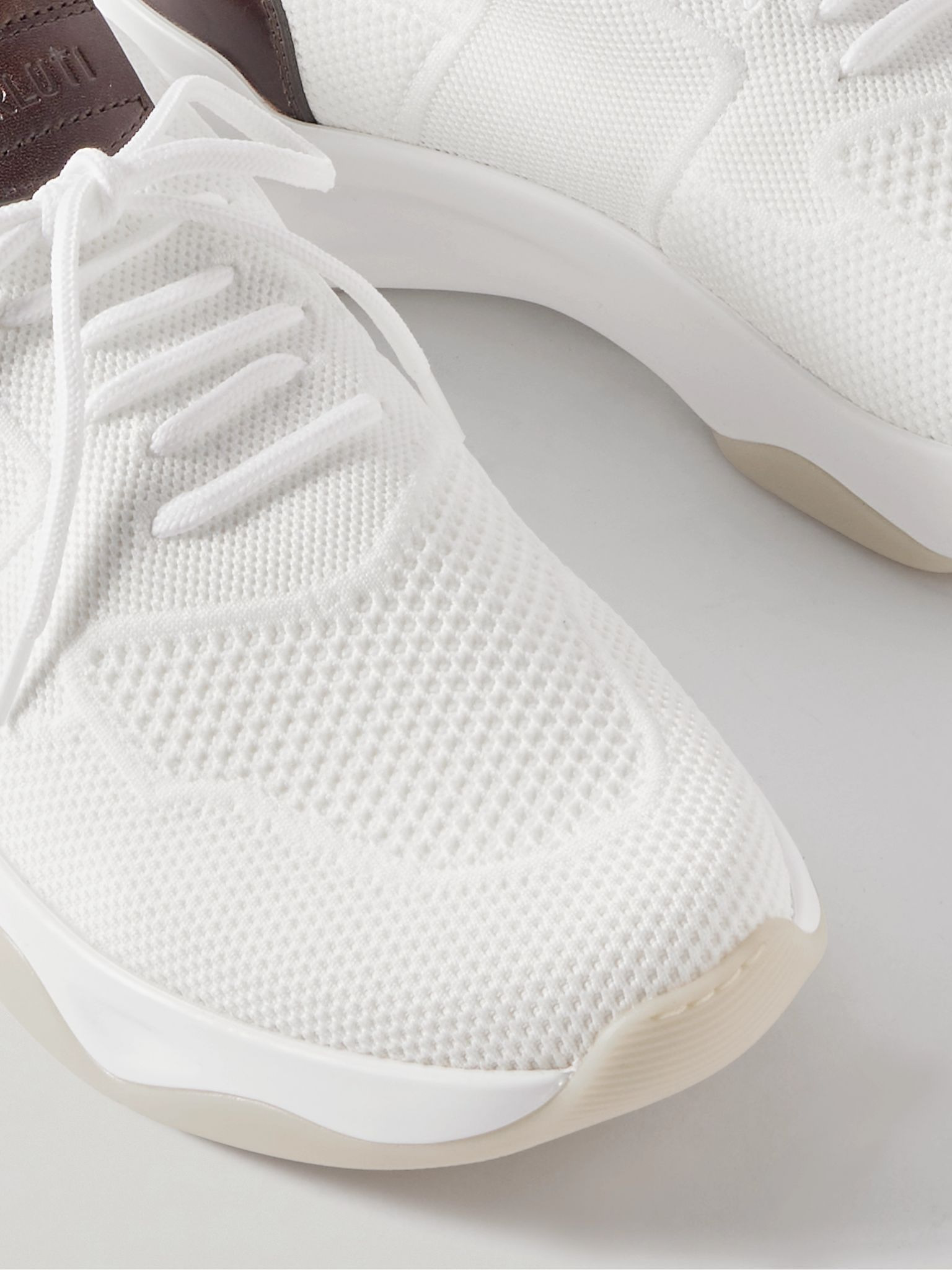 Shadow Leather-Trimmed Stretch-Knit Sneakers White - 5