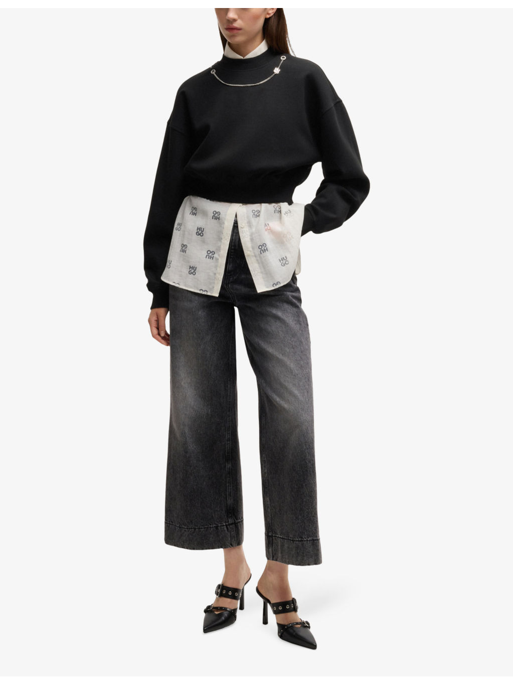 Chain-embellished cropped stretch cotton-blend sweatshirt - 2