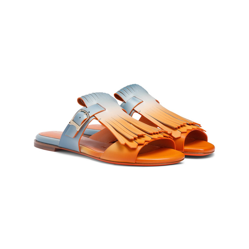 Women's orange and light blue leather Dua slide sandal with fringe 3