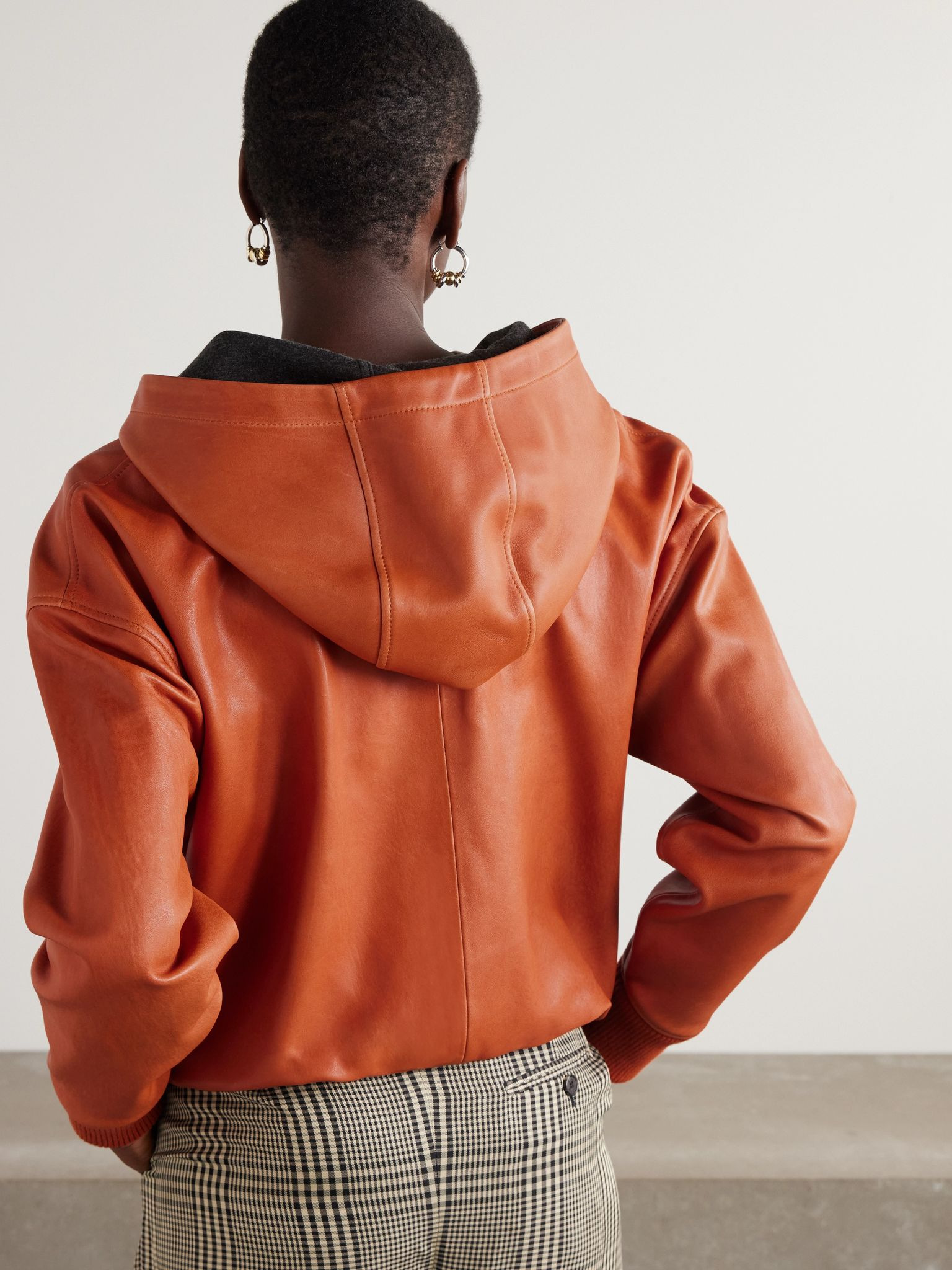 Hooded draped leather jacket Orange - 4