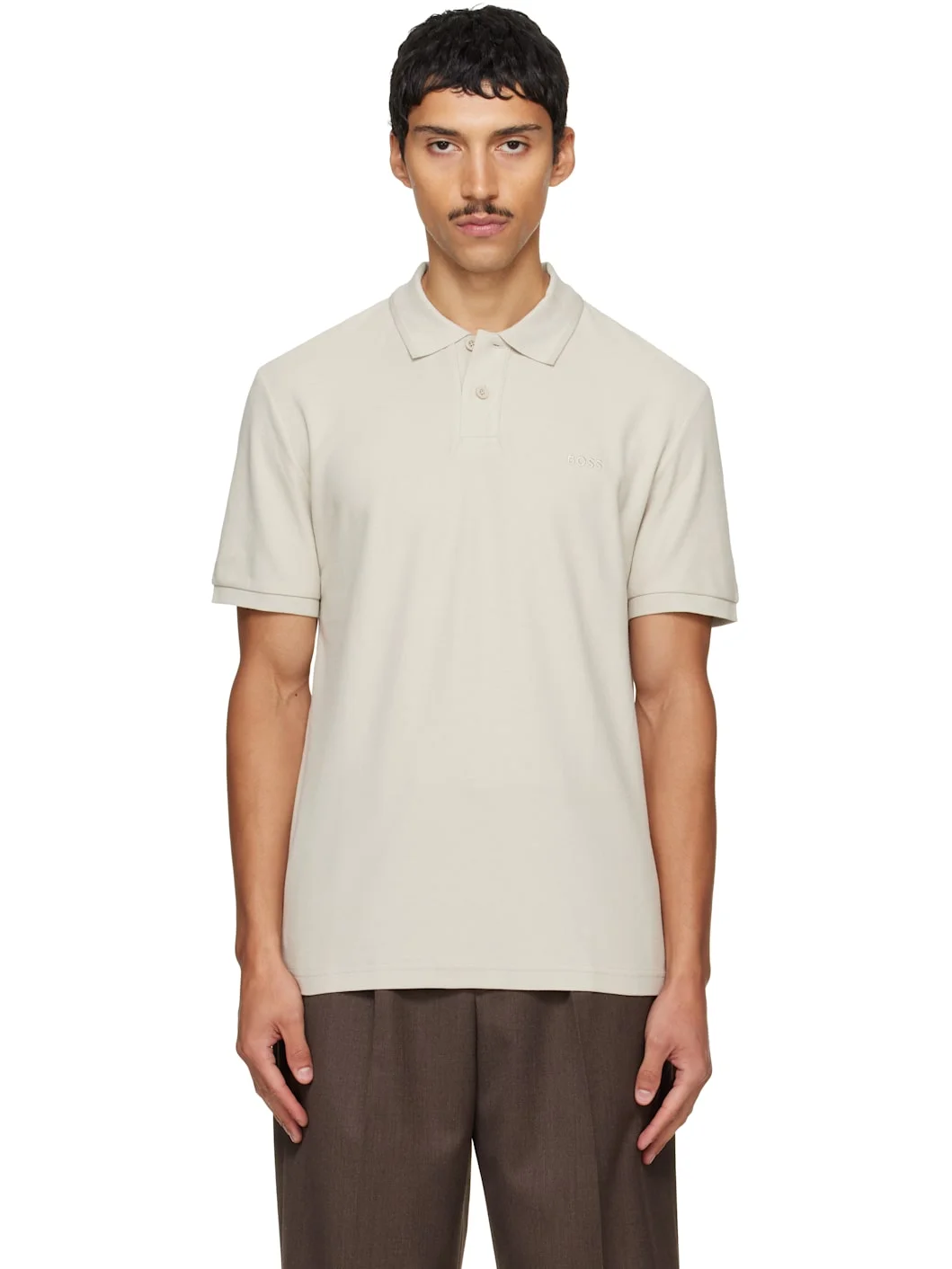 Beige Regular-Fit Honeycomb-Structured Cotton Pique Polo - 1