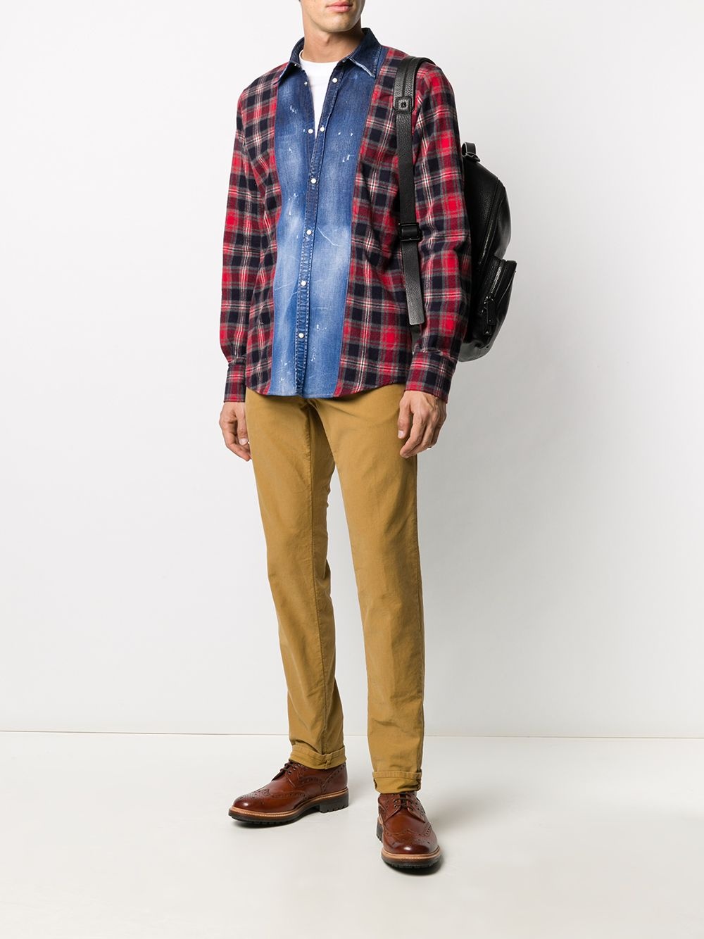 denim panel plaid shirt - 2