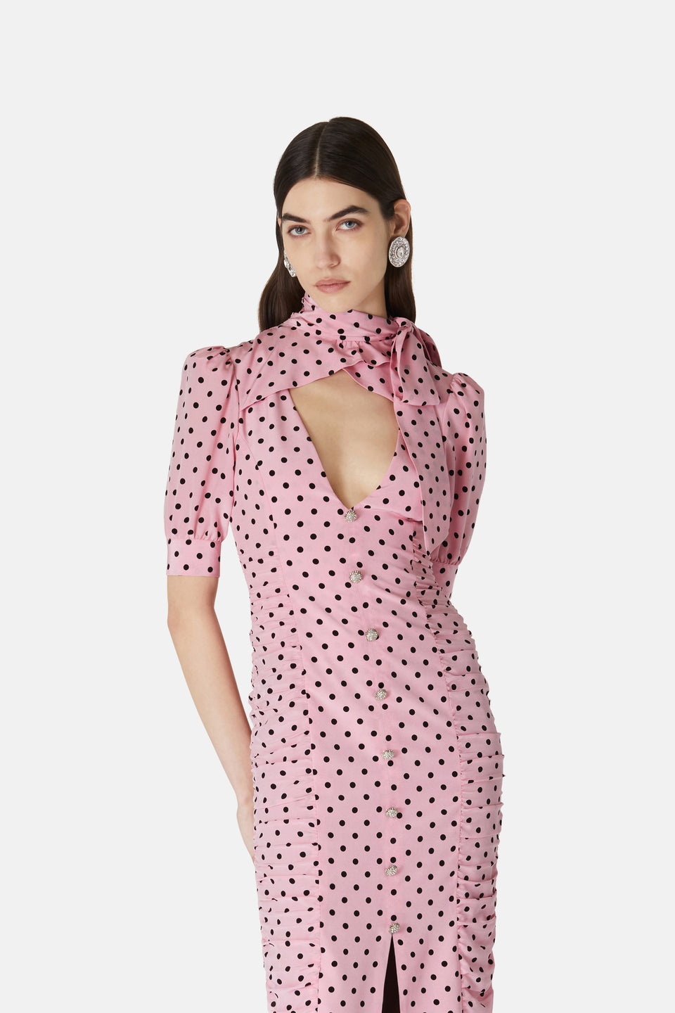 POLKA DOT PRINT SILK DRAPED DRESS WITH BOW - 6