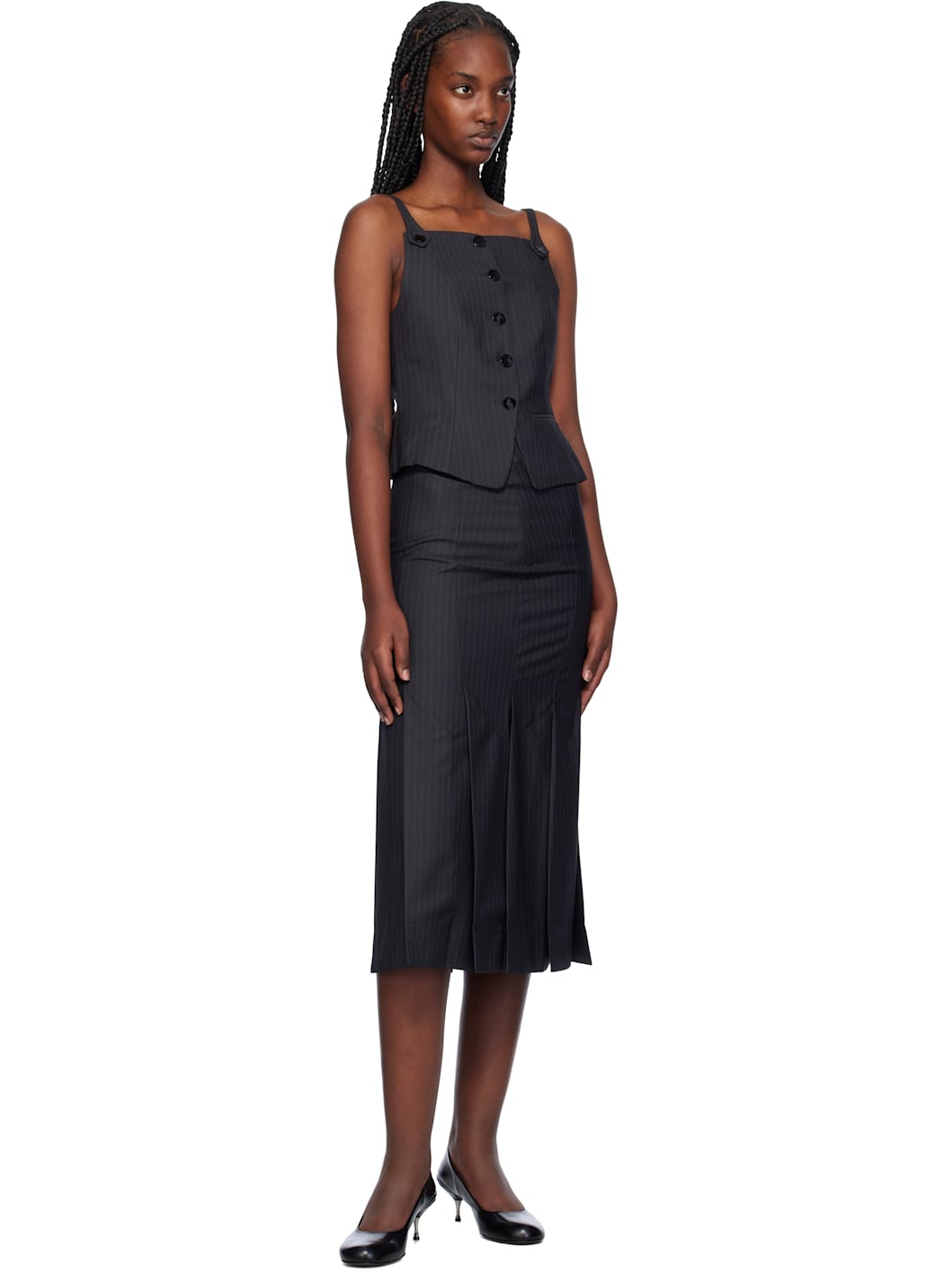 Gray Stripe Suiting Midi Skirt - 4