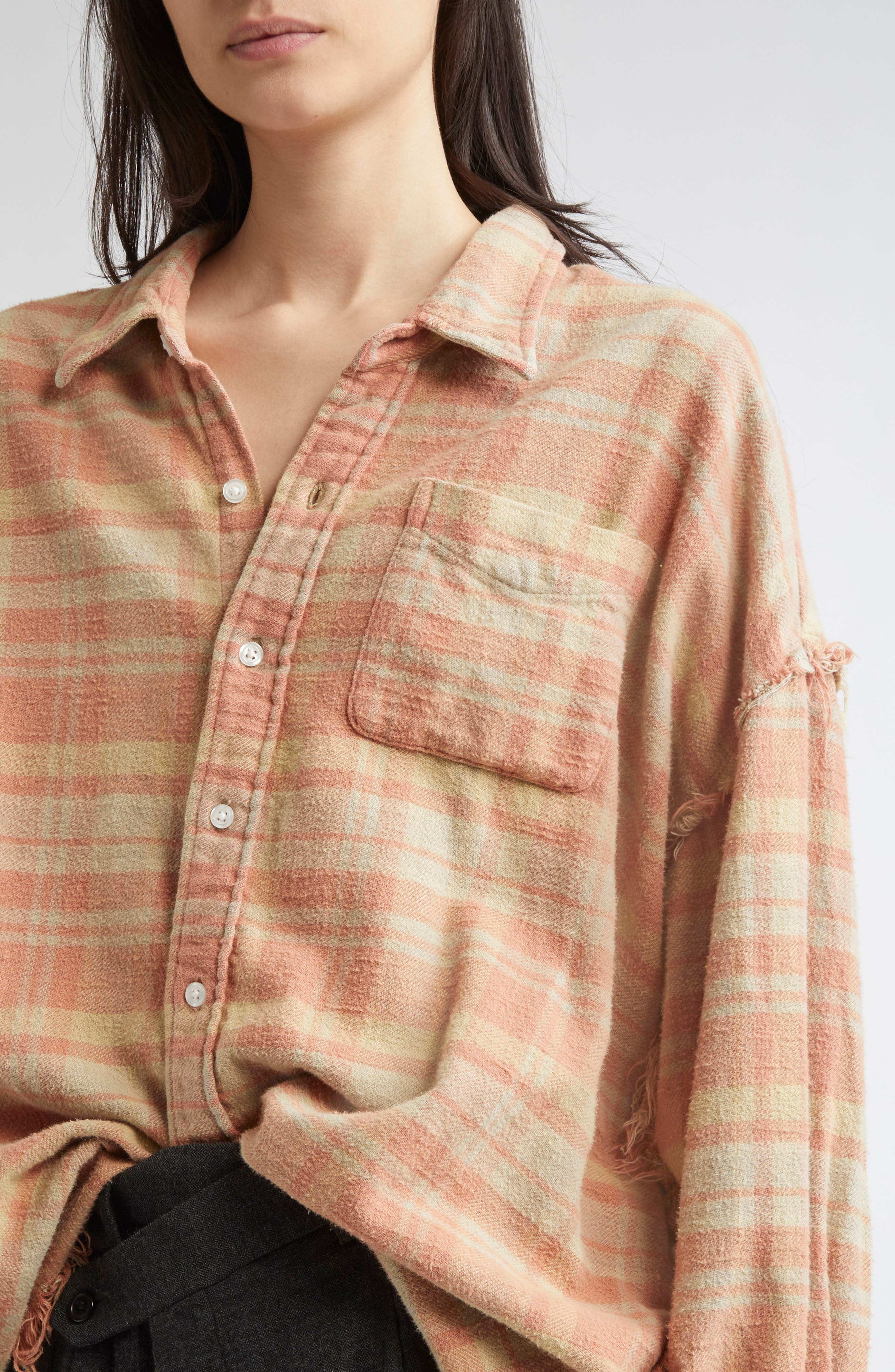 R13 Shredded Seam Drop Neck Plaid Flannel Button-Up Shirt in Washed-Out Red/Khaki Plaid at Nordstrom - 4
