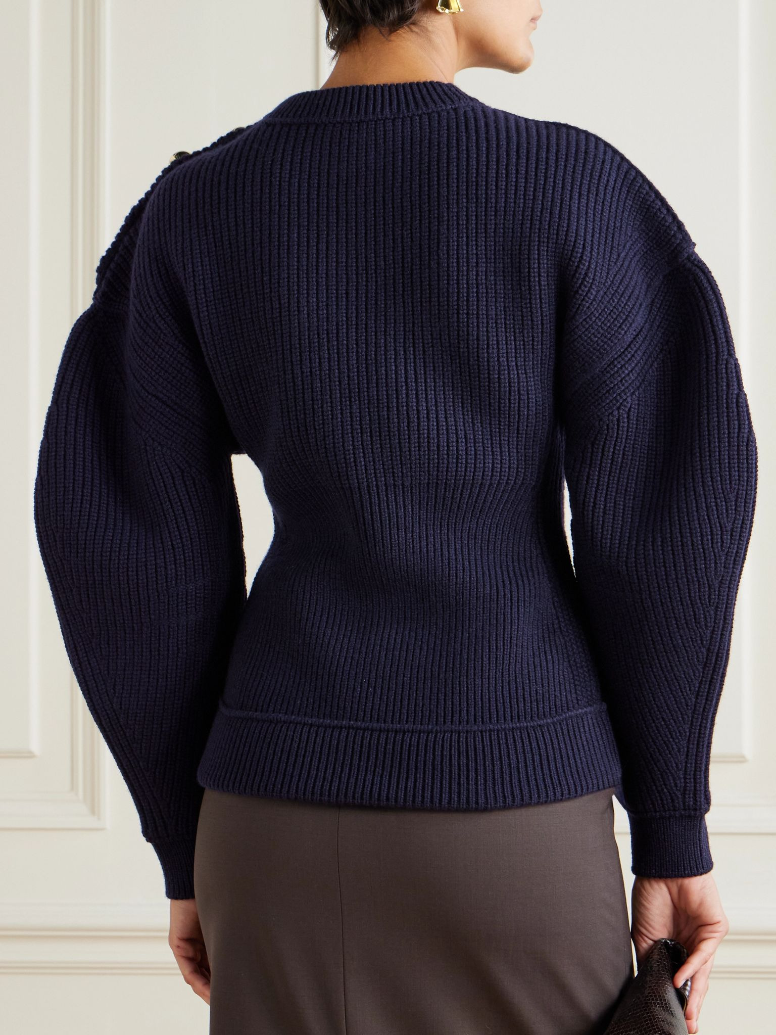 Button-detailed ribbed wool sweater Navy - 3