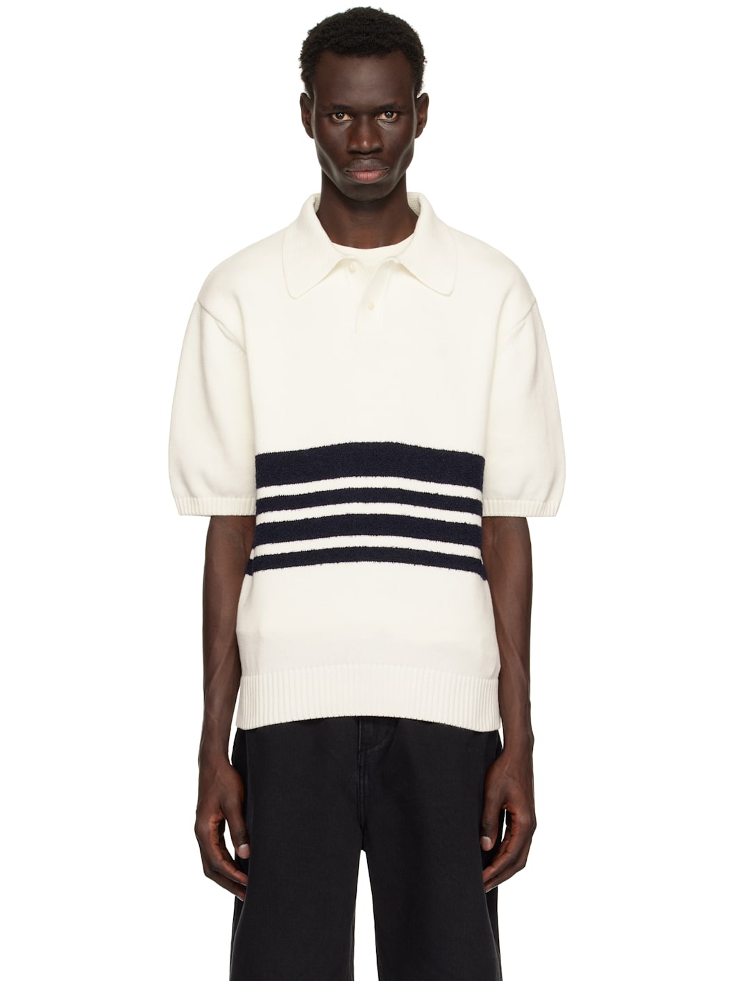 White & Black Panel Knit Polo - 1