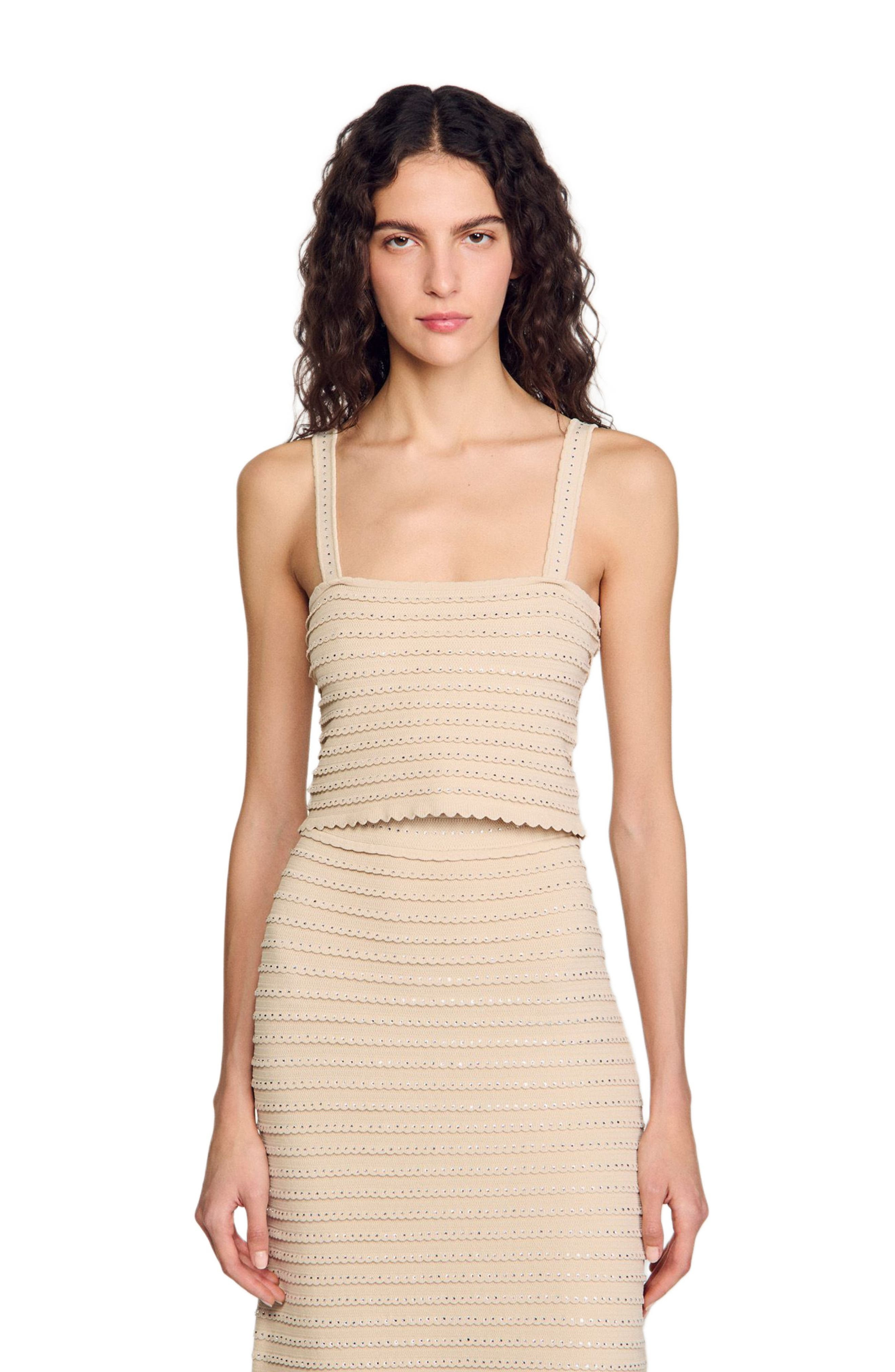 SANDRO Rhinestone knit crop top in Beige at Nordstrom - 4