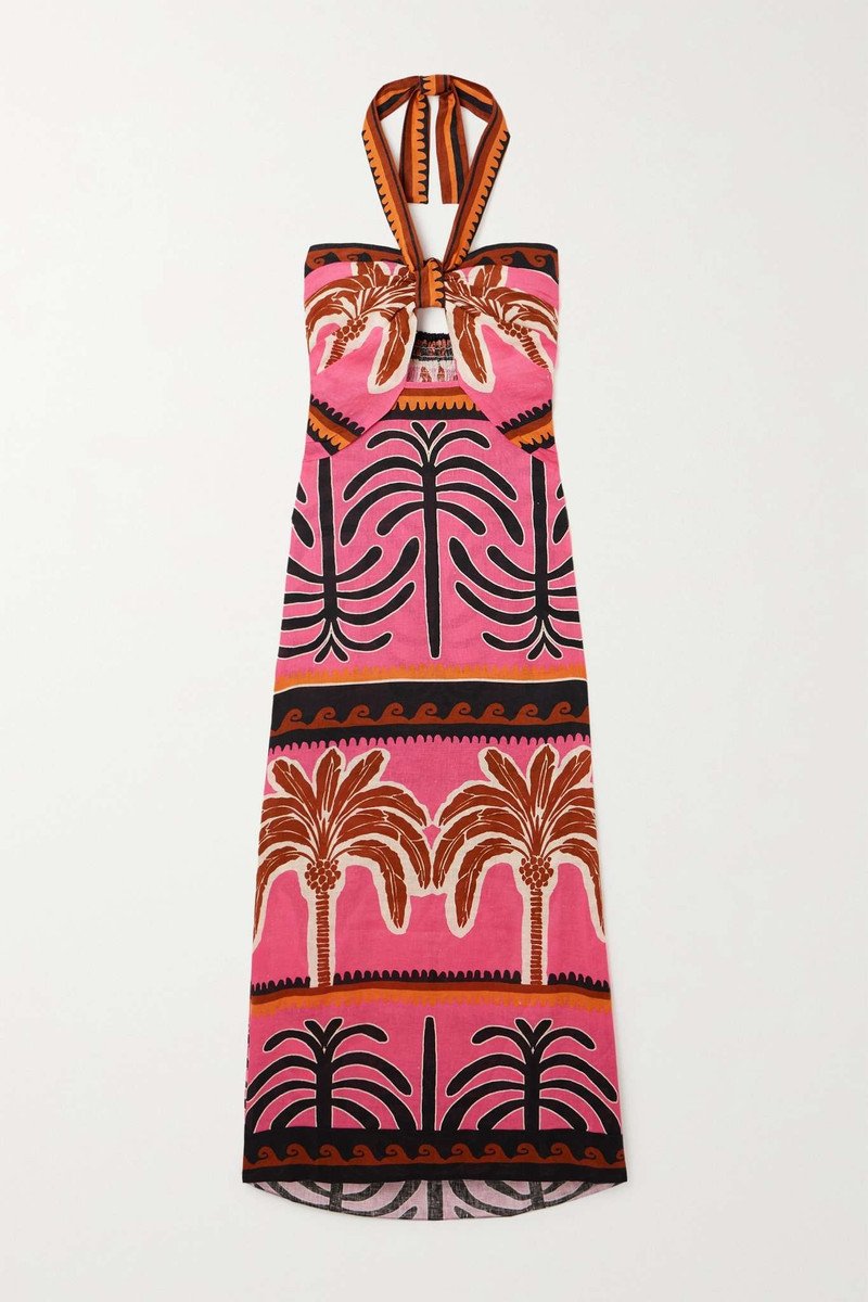 + NET SUSTAIN Unexpected Symbolism cutout printed linen halterneck midi dress 1