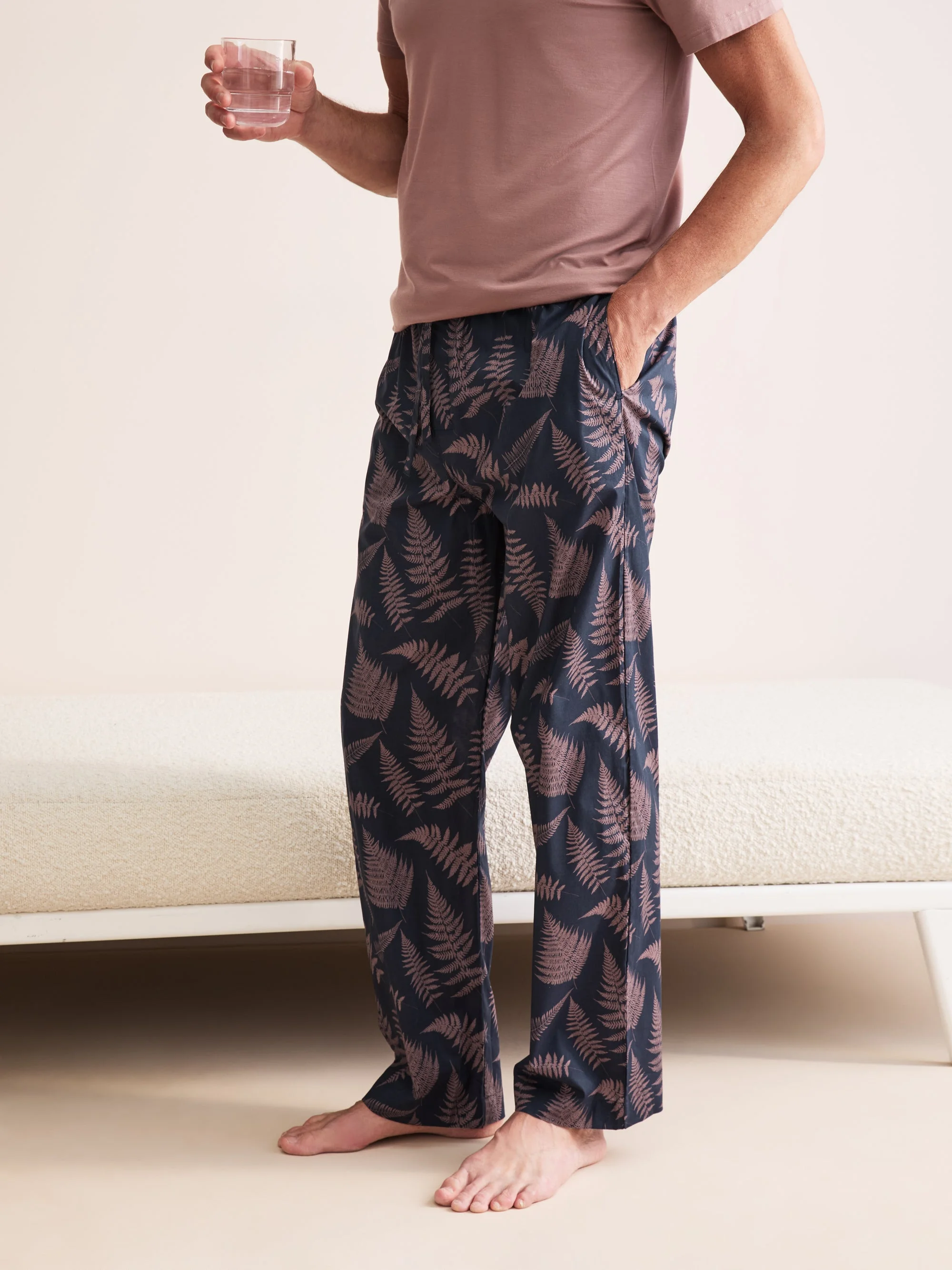 Ledbury Cotton Batiste Lounge Pants Navy & Pink Fern - 1