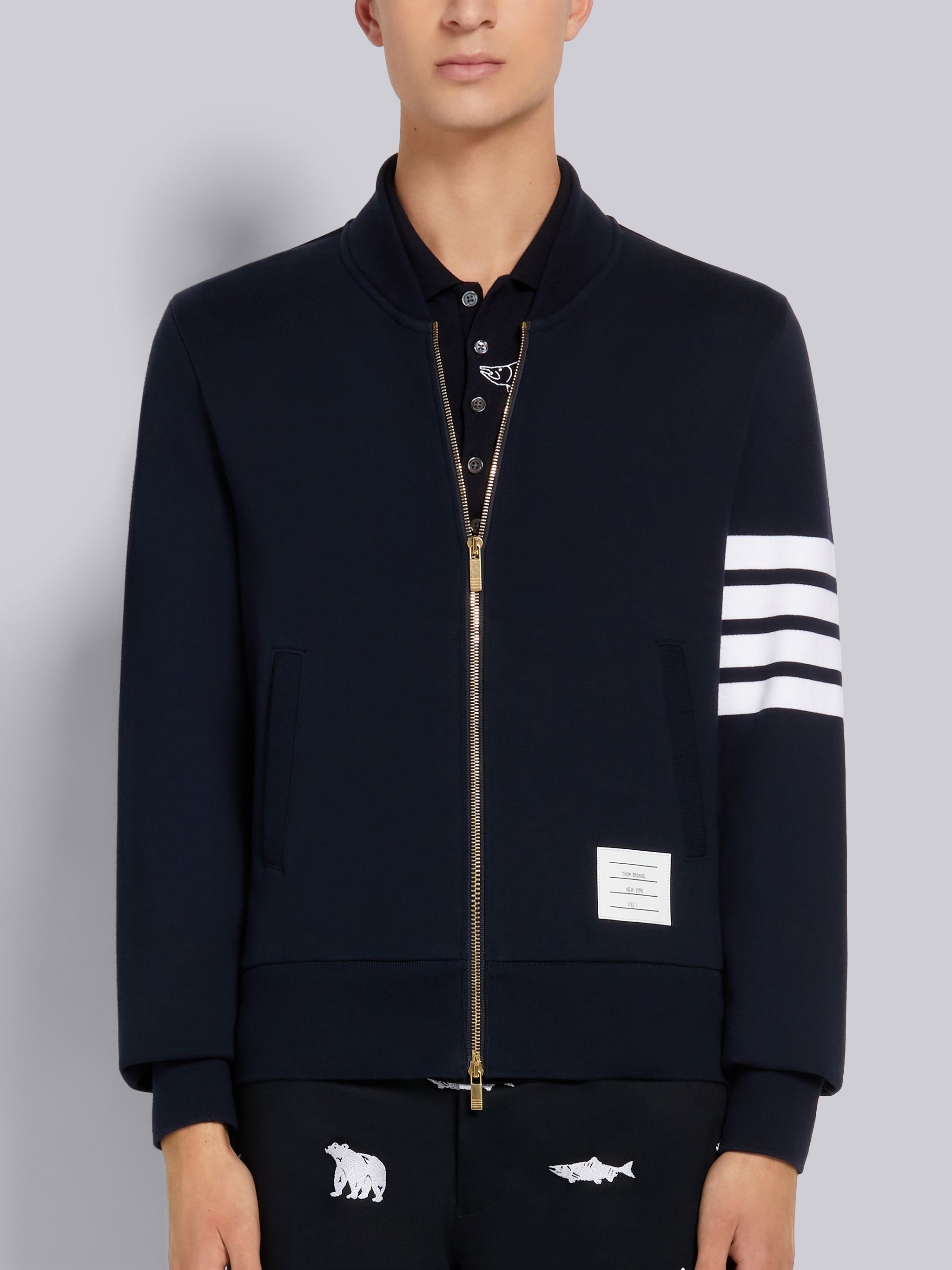 Navy Loopback Terry Engineered 4-Bar Bomber Jacket - 1