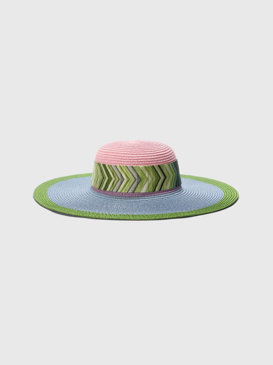 Wide Brim Straw Hat with Geometric Scarf - 1