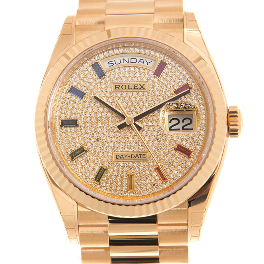 Rolex Day-Date President Yellow Gold Paved-Rainbow Automatic Chronometer Diamond Ladies Watch 128238 - 2