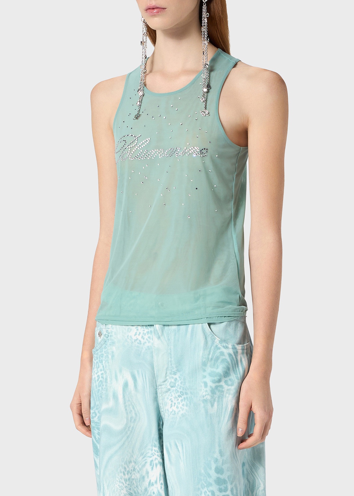 STRETCH TULLE TOP WITH GLASS RHINESTONE LOGO - 5