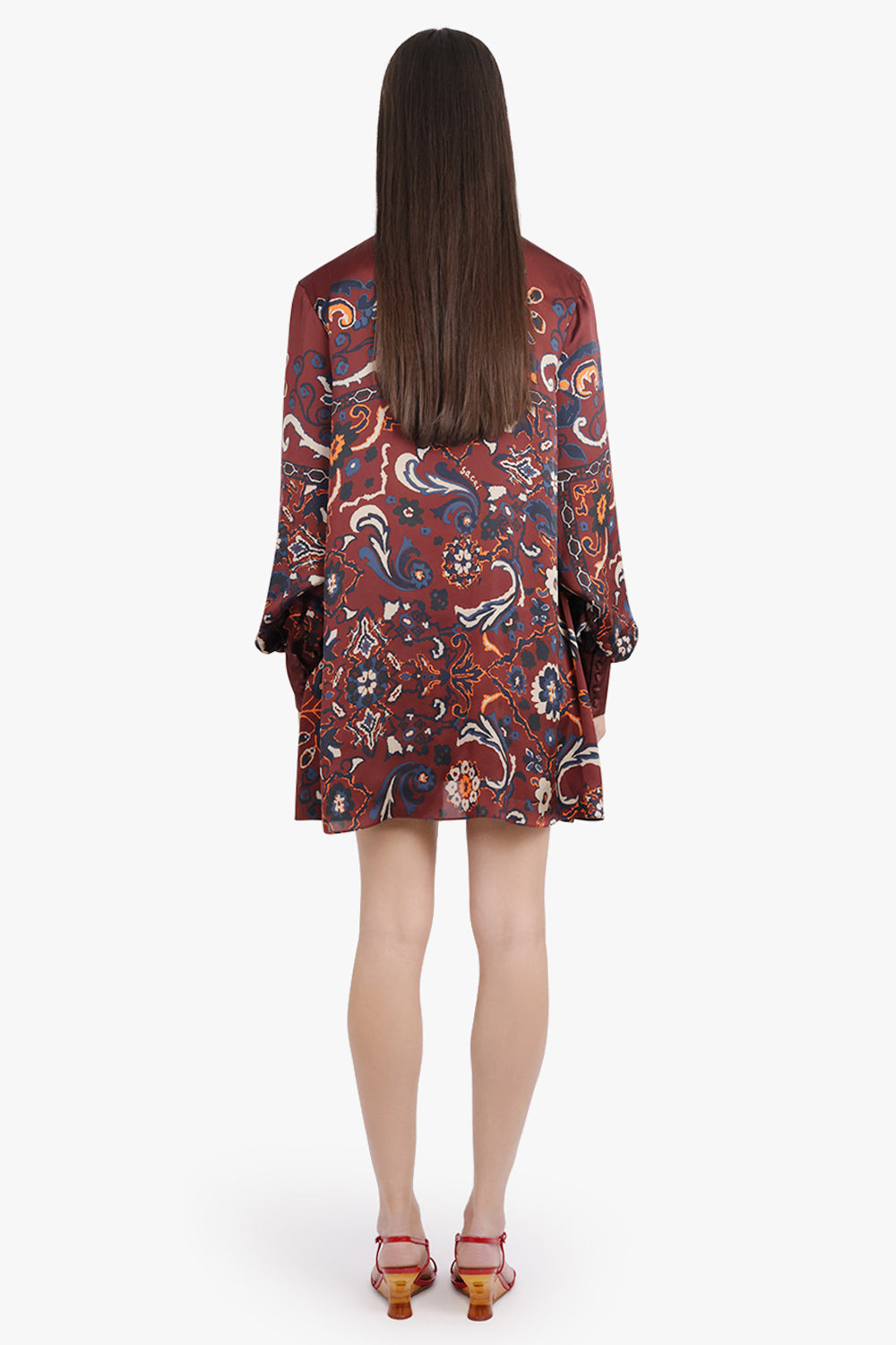 SCARF L/S FLORAL PRINT HIGH NECK DRAPE MINI DRESS | BORDEAUX/MULTI - 4