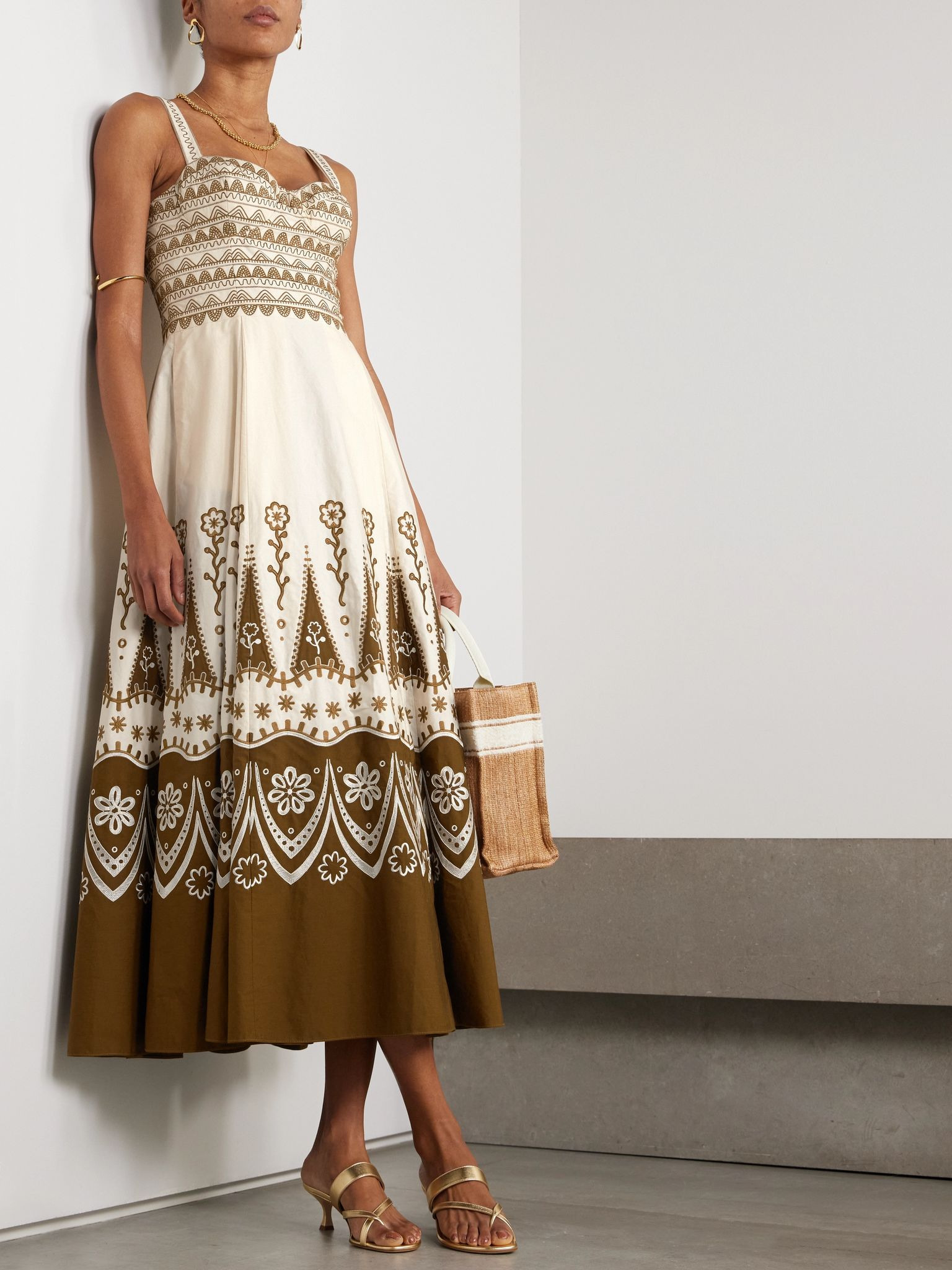 Elida embroidered cotton midi dress Brown - 2