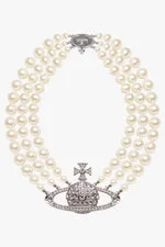THREE ROW PEARL BAS RELIEF CHOKER | WHITE/SILVER - 1