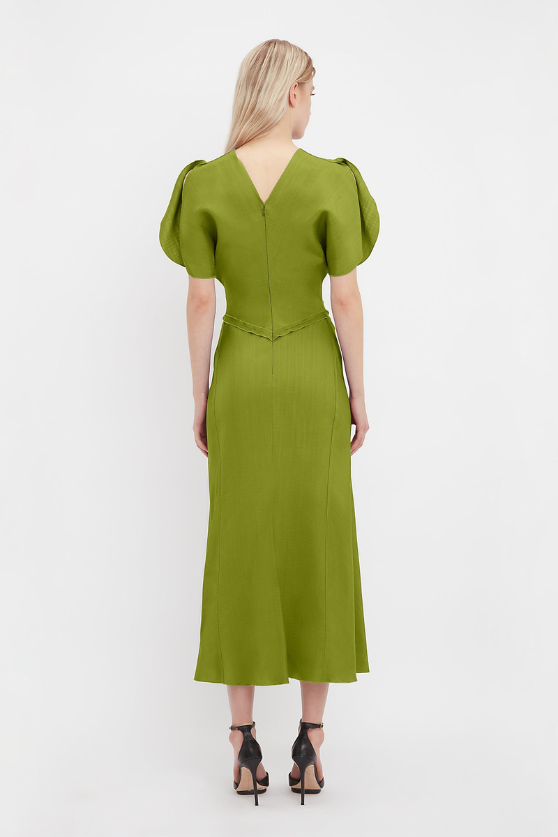 Victoria Beckham Gathered Waist Midi Dress In Parrot Green -  1223WDR004614B-Parrot-Green-4 | REVERSIBLE