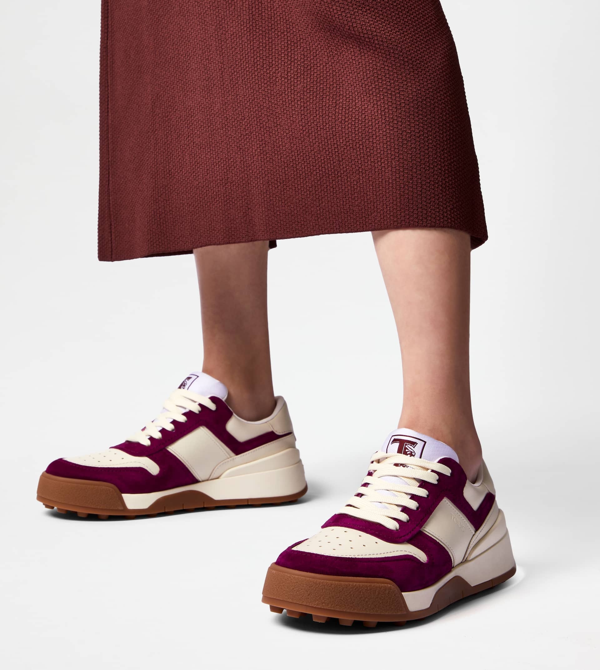 TOD'S SNEAKERS IN SMOOTH LEATHER AND SUEDE - BURGUNDY, OFF WHITE, WHITE - 2