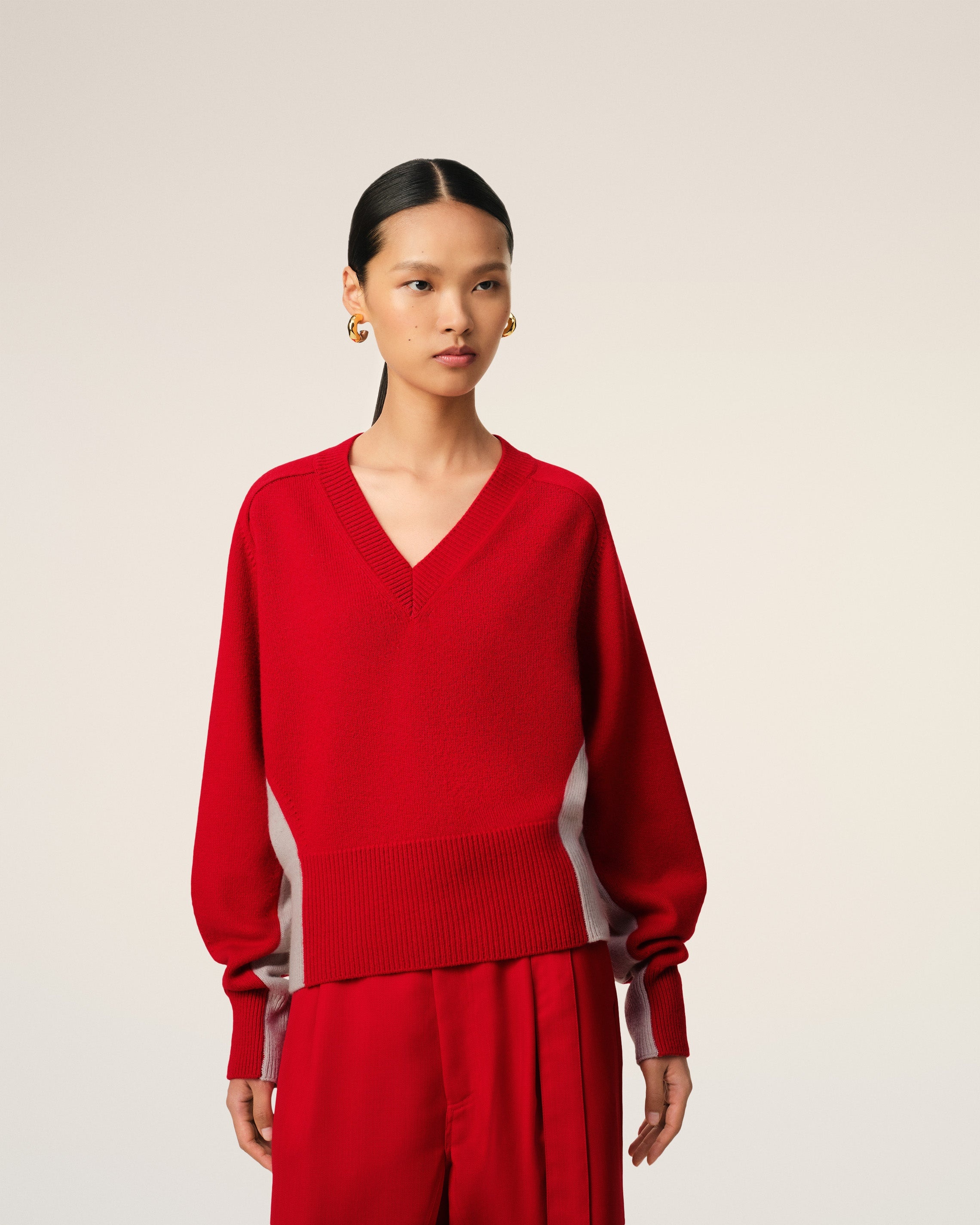 RED WOOL KNIT BICOLOR V NECK SWEATER - 3