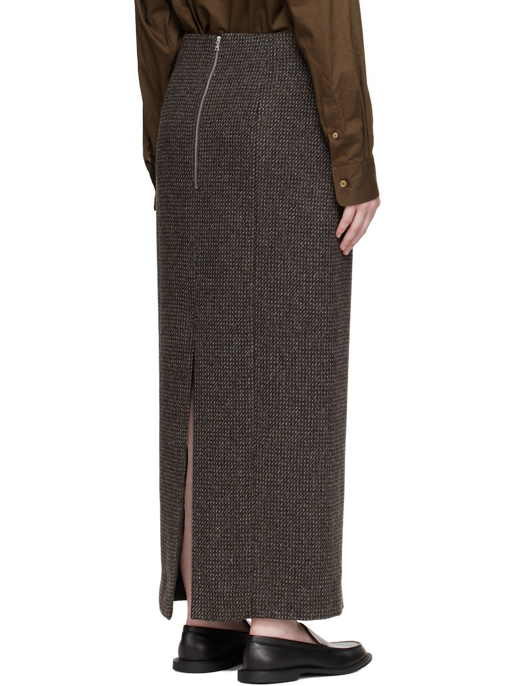 Brown & Gray Alpaca Wool Silk Tweed Pencil Maxi Skirt - 3