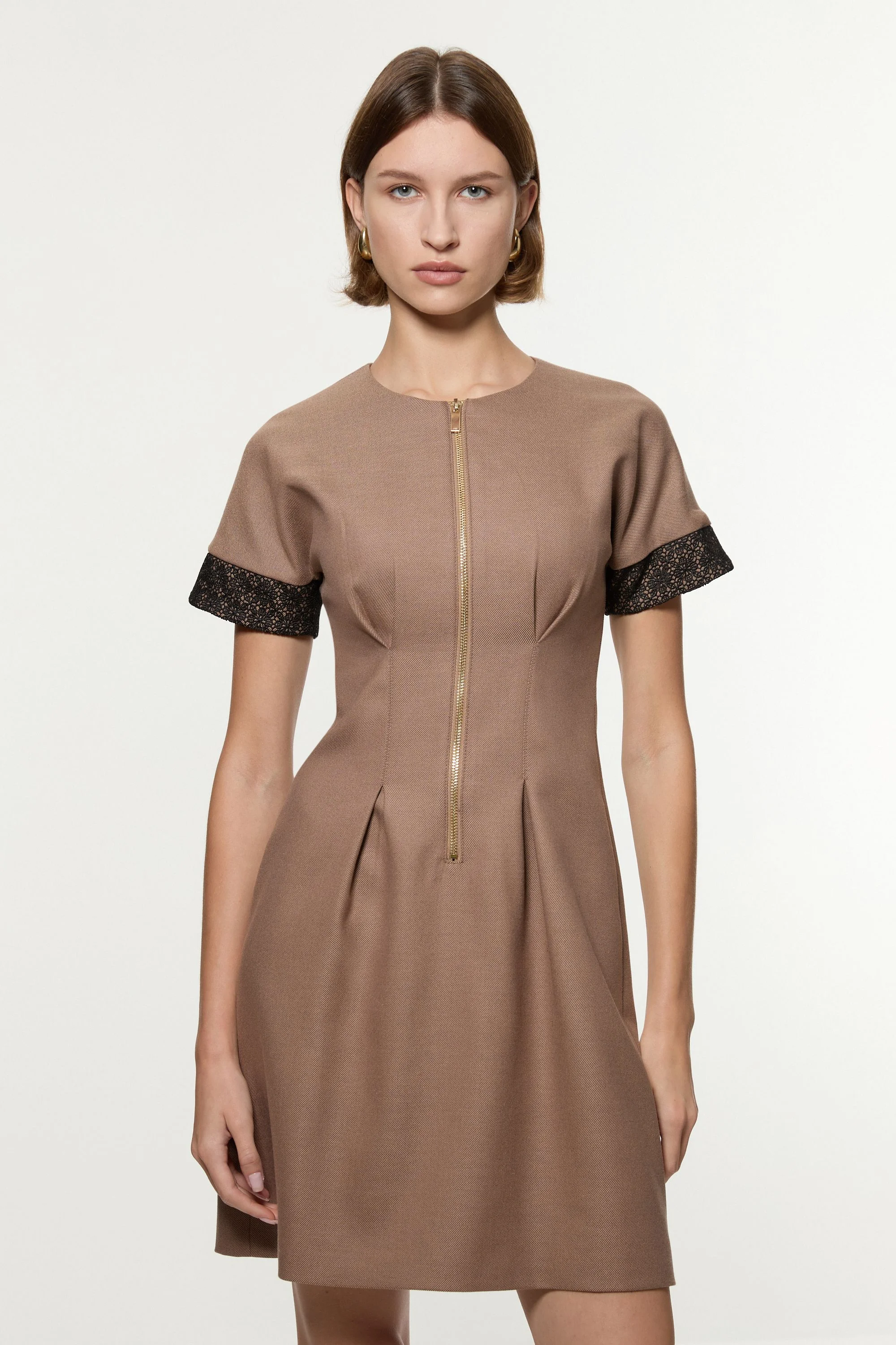 Tailored Twill Lace Mix Zip Front Mini Dress - 1