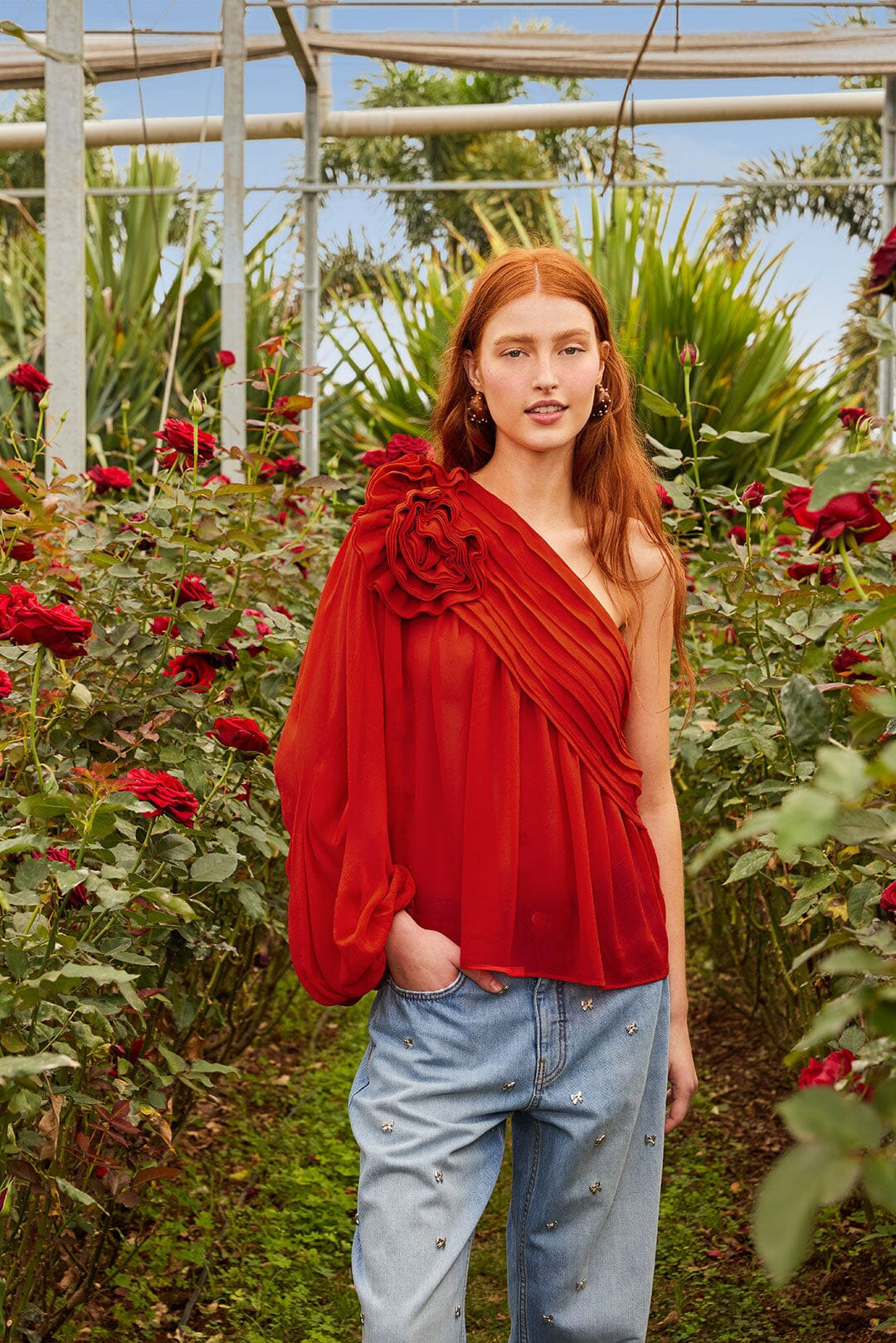 Red Rose Puff Sleeve One-Shoulder Blouse - 1