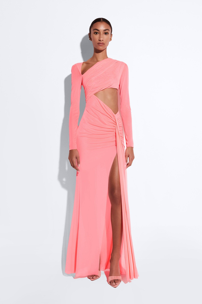 LAPOINTE Mesh Asymmetric Cut Out Ruched Gown outlook