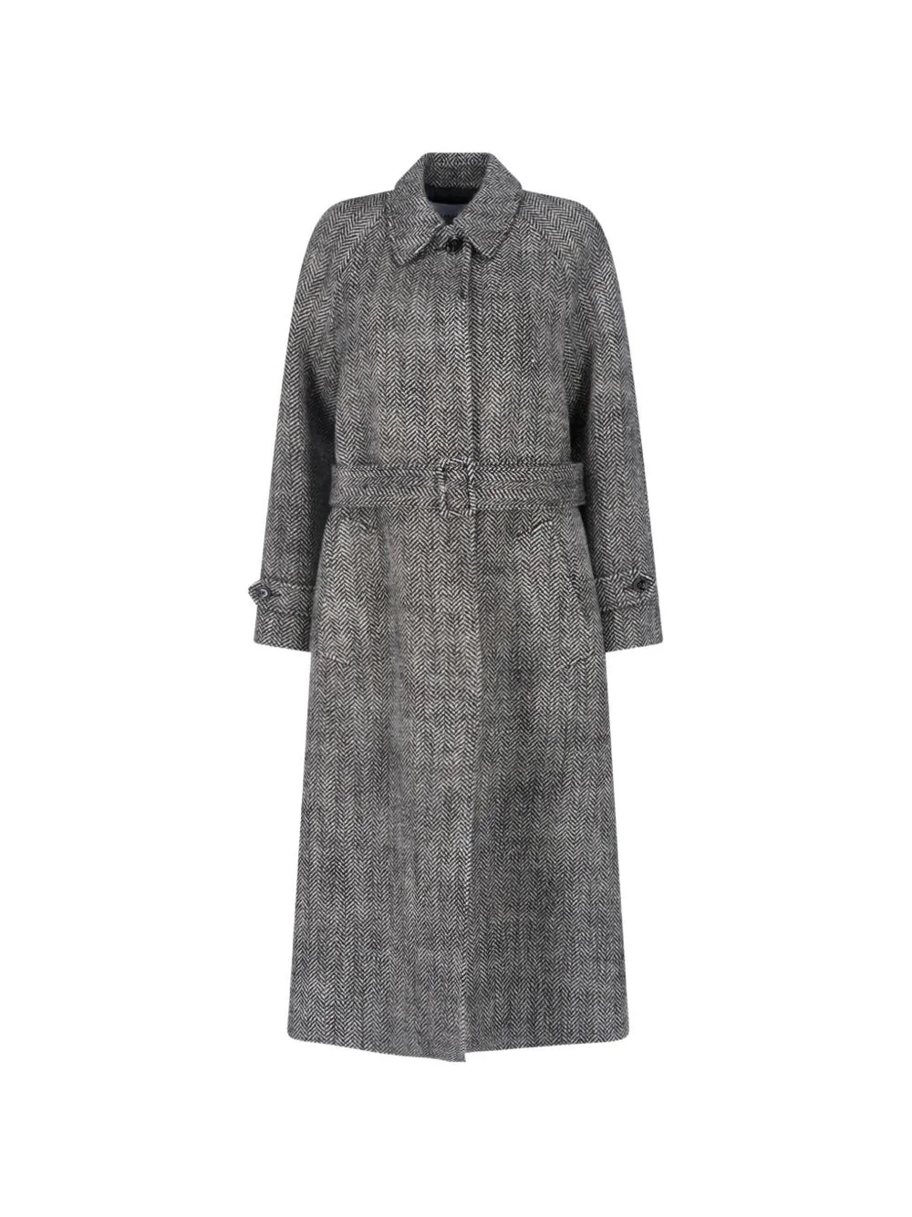 herringbone-pattern belted coat - 1