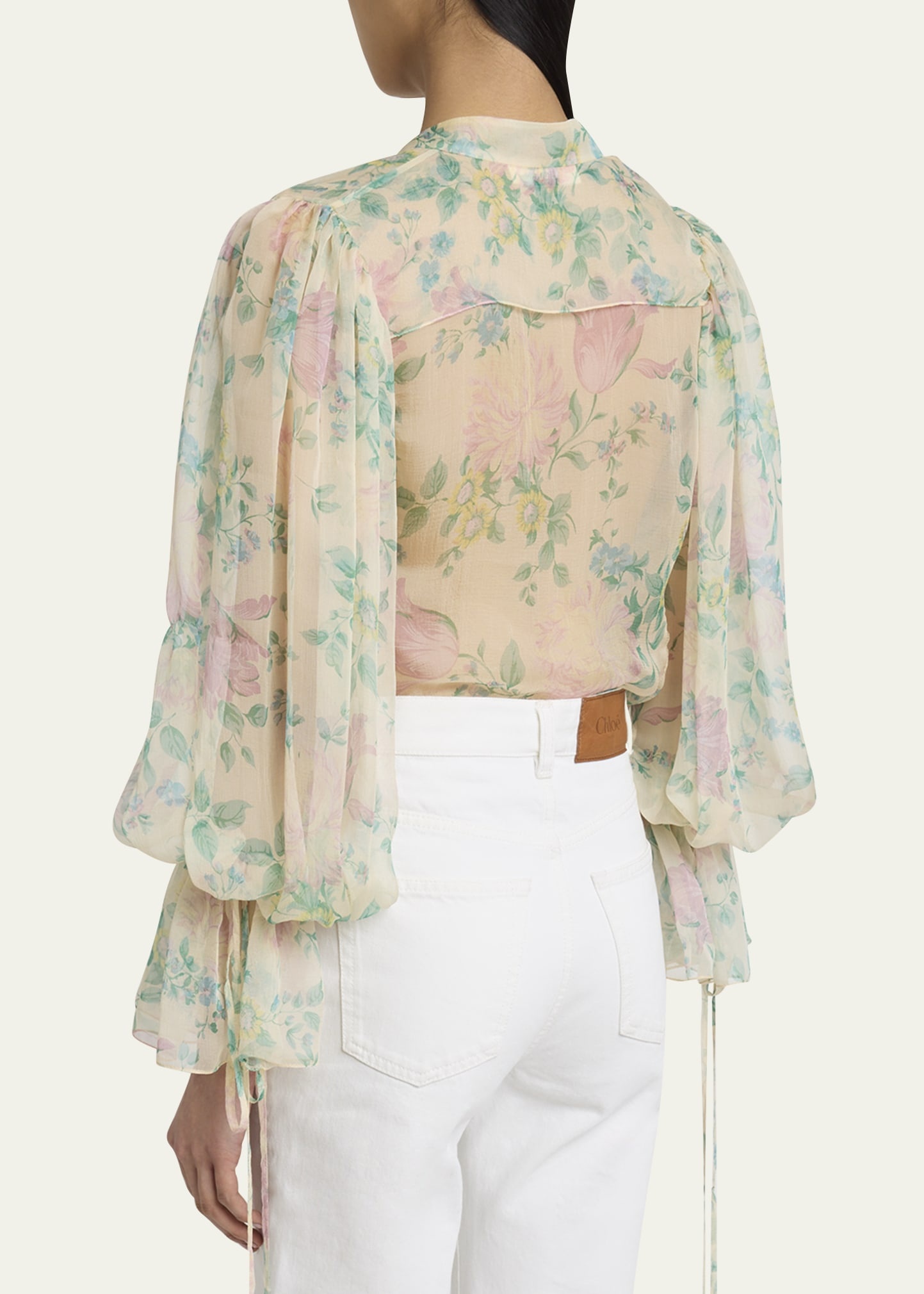 Floral Silk Balloon-Sleeve Button-Down Top - 3