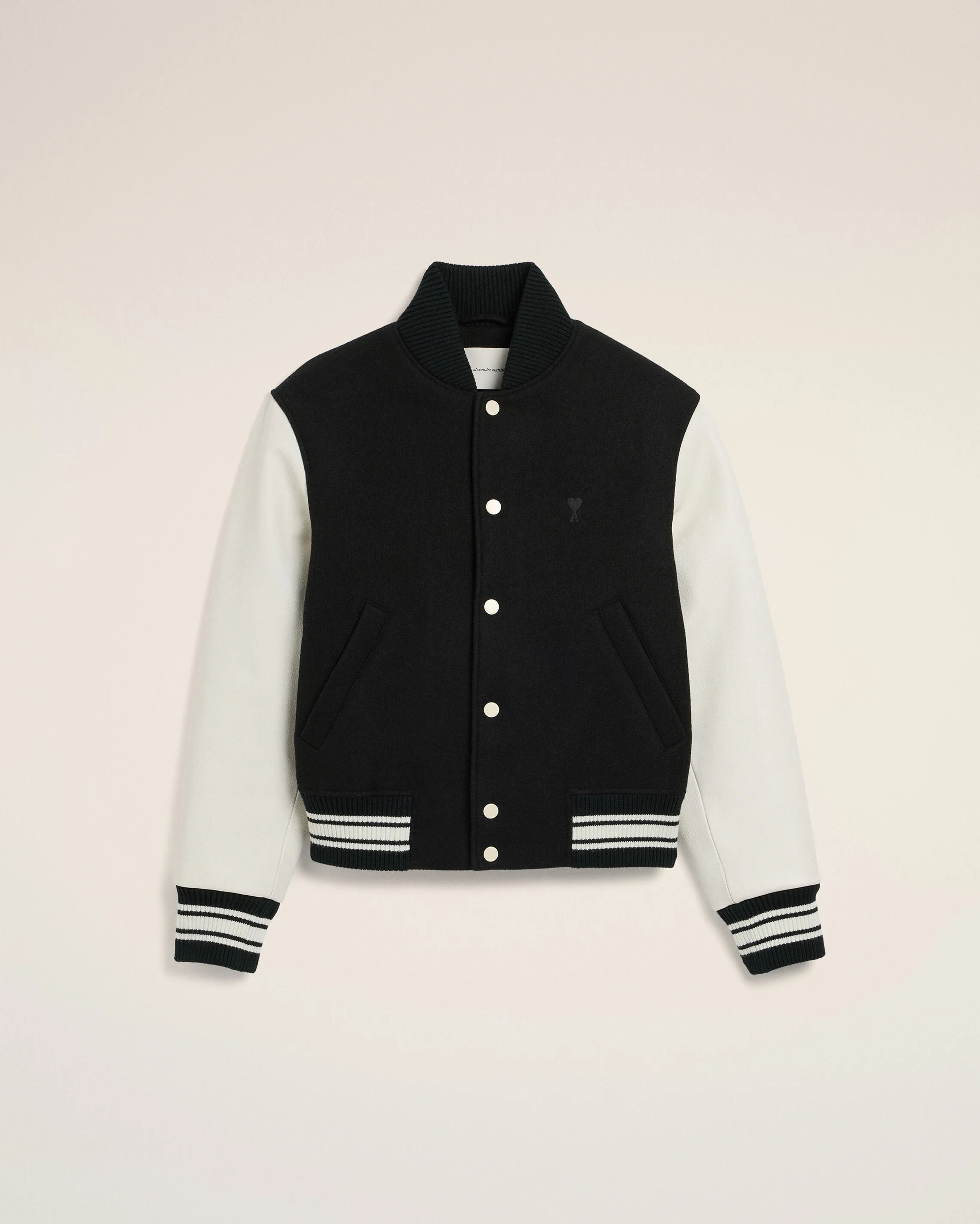 BLACK WOOL AND LEATHER PADDED TEDDY JACKET WITH AMI PARIS EMBROIDERY - 1
