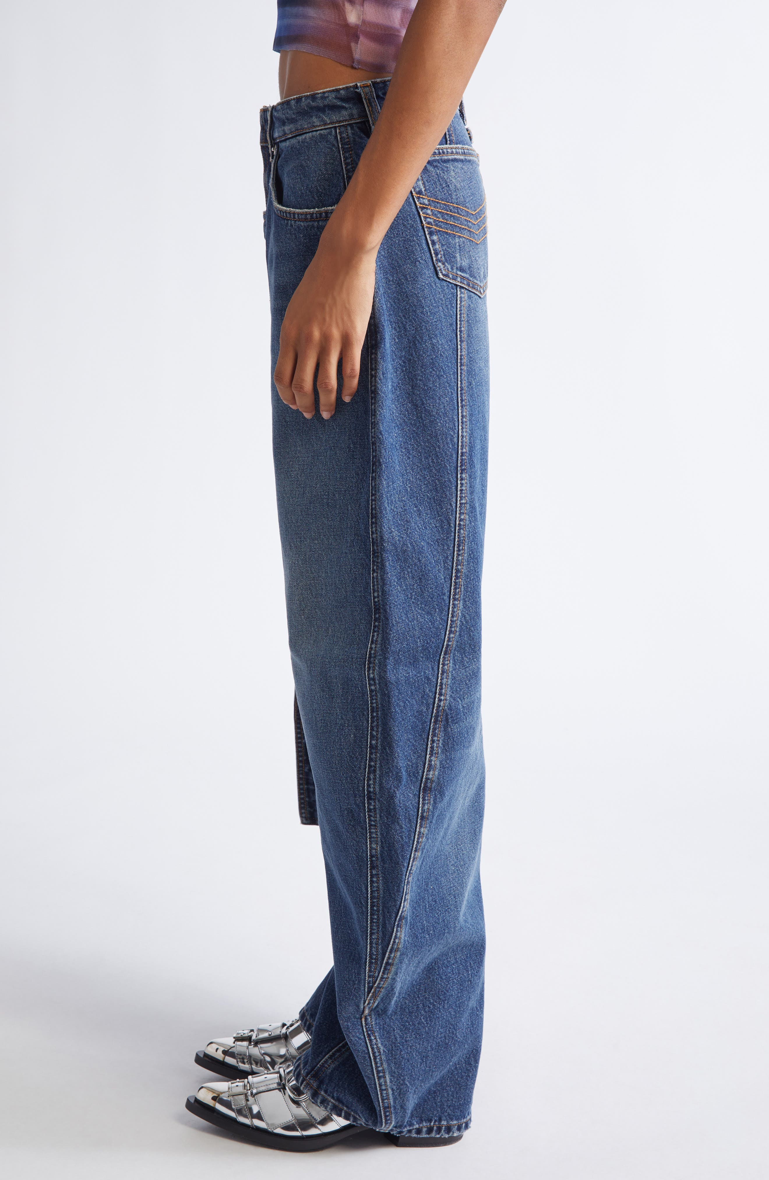 Jean Paul Gaultier Strap Detail Wide Leg Jeans in Vintage Blue at Nordstrom - 4