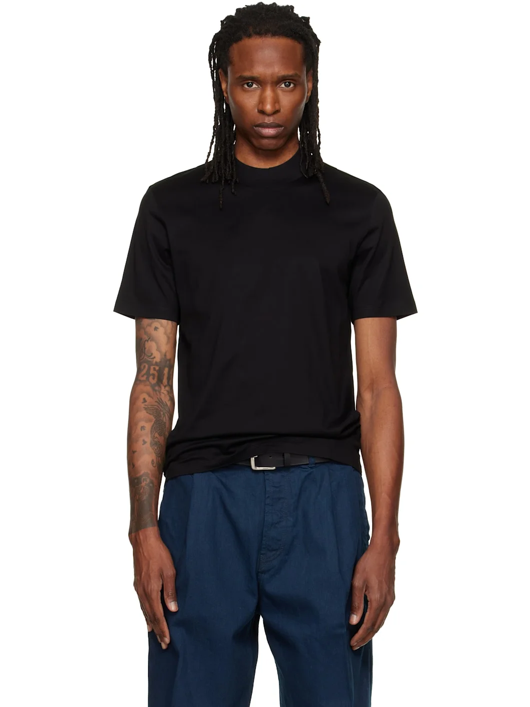 Black Stand Collar Slim-Fit Stretch Cotton T-shirt - 1