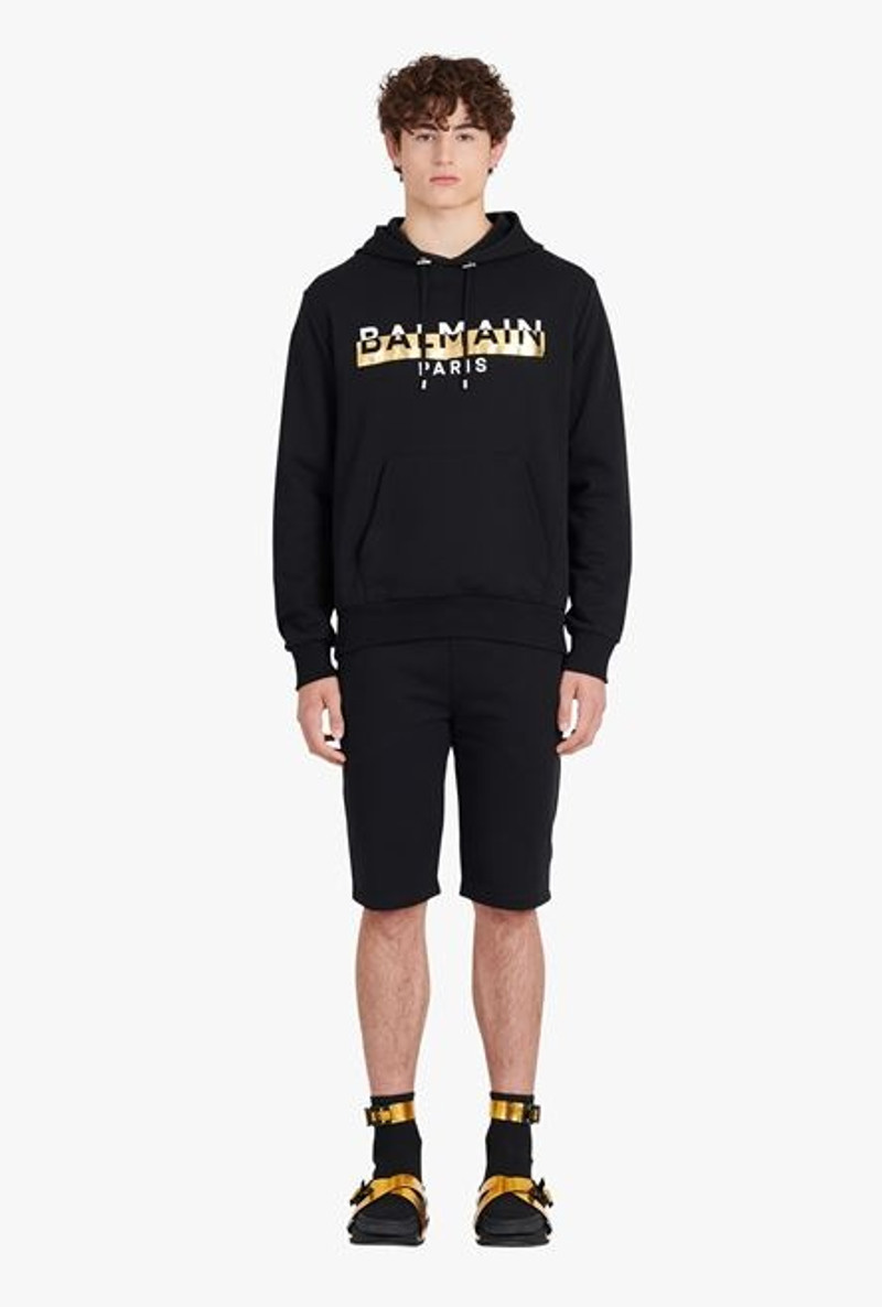 Black eco-designed cotton sweatshirt with white and gold Balmain Paris metallic logo print 4