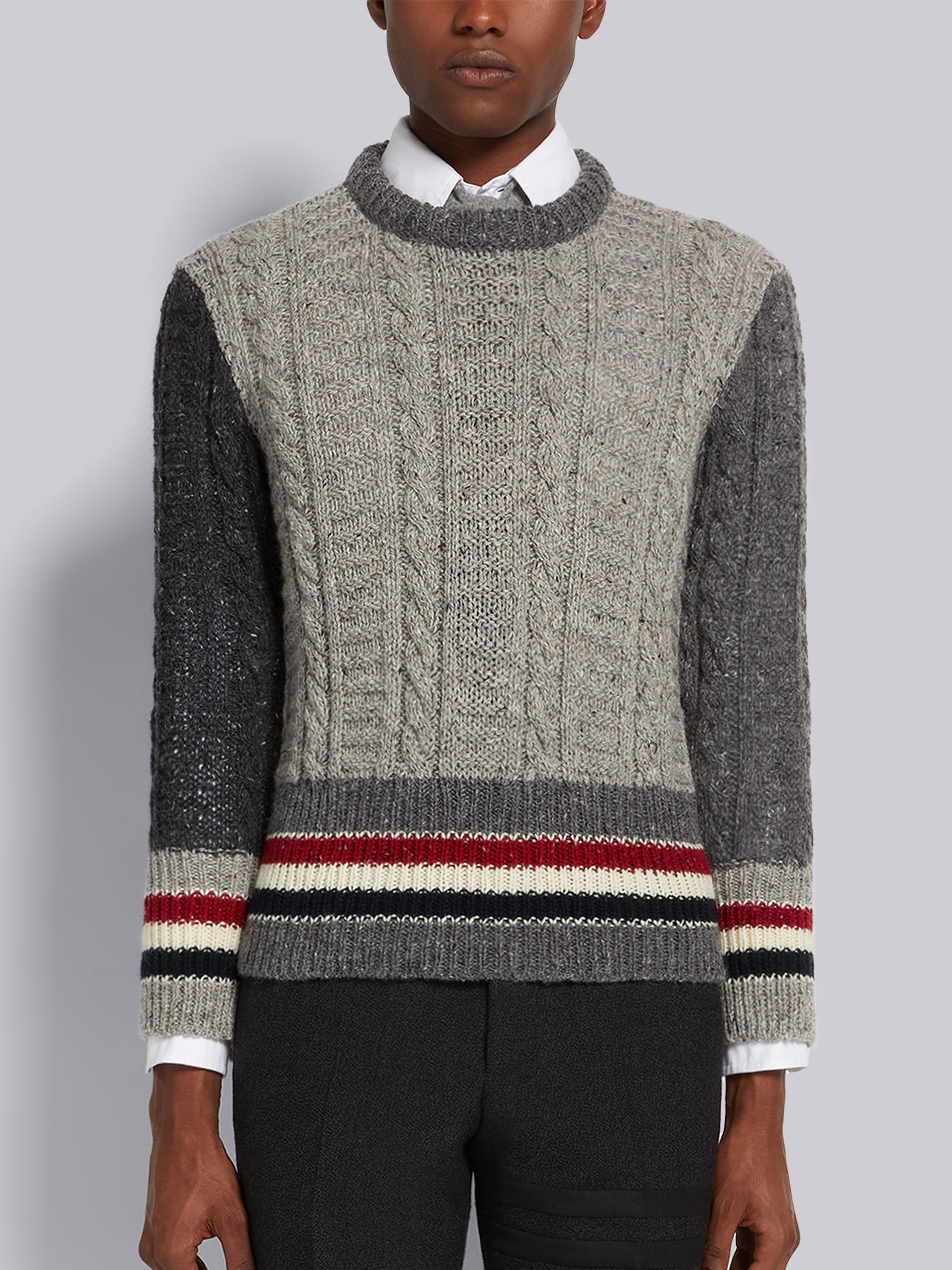 Tonal Grey Fun-Mix Mohair Tweed Stripe Pullover - 1