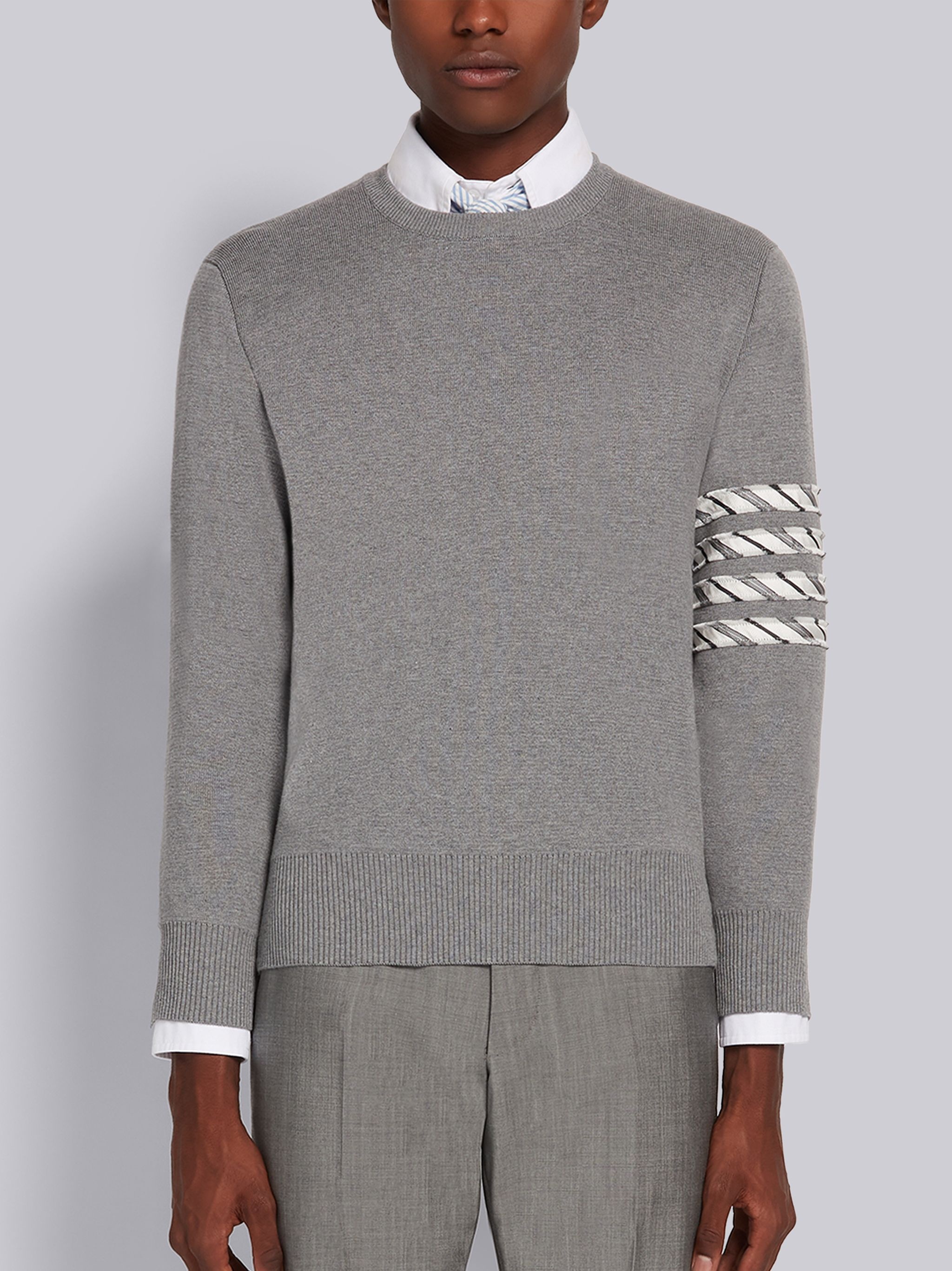 Grey Cotton Milano Stitch Silk 4-Bar Crewneck Pullover - 1