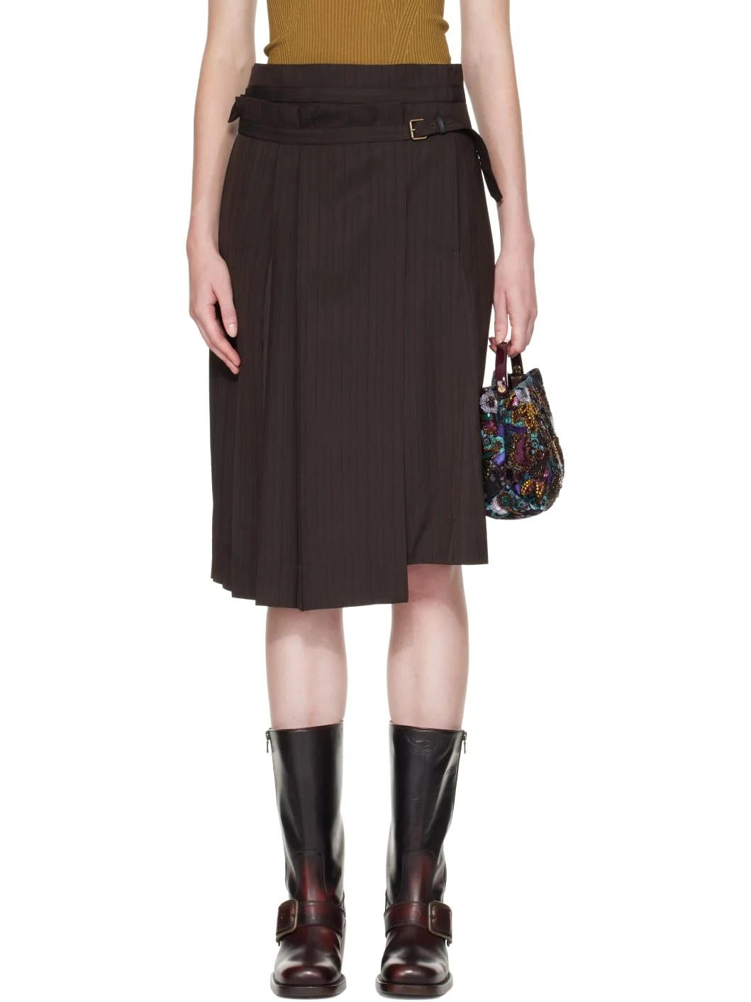 Brown Pleated Viscose Midi Skirt - 1