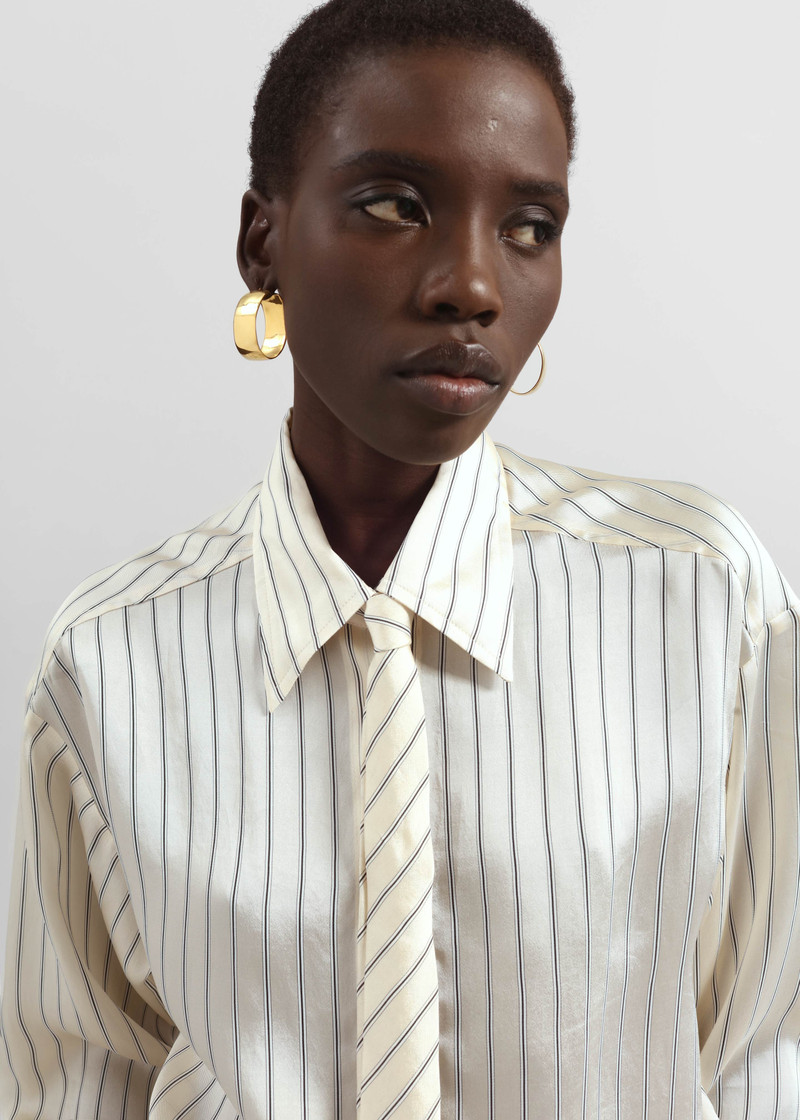 Lene Striped Silk Tie - Cream/Navy Stripe 3