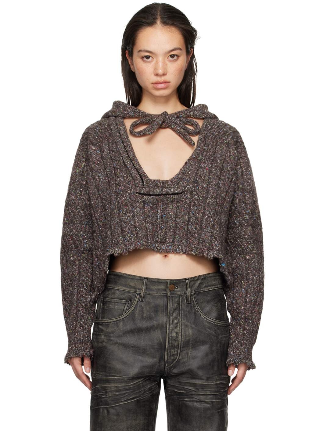 Brown Knit Open Collar Hoodie - 1