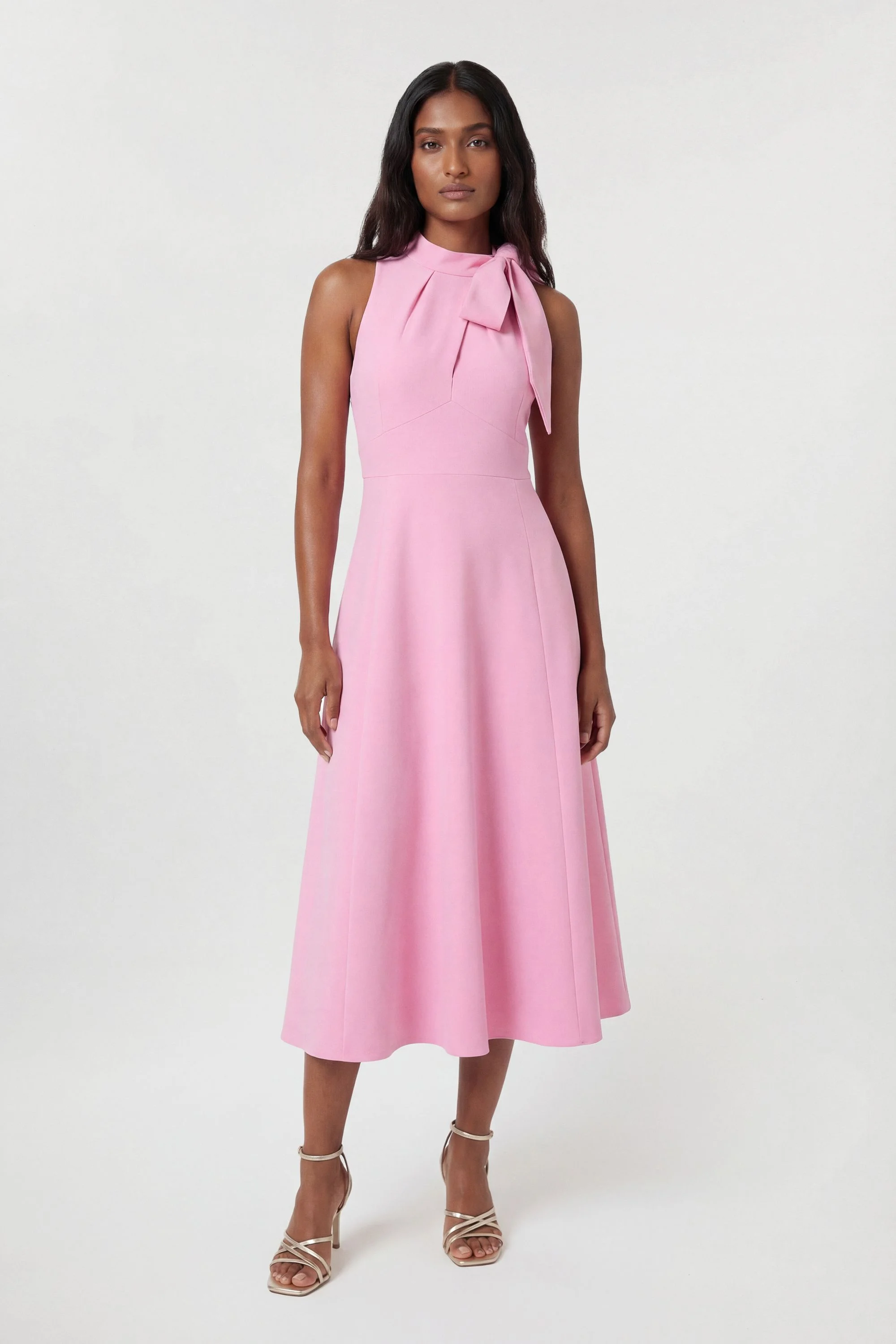 Compact Stretch Bow Tie Neck Full Skirted Midi Dress - 1