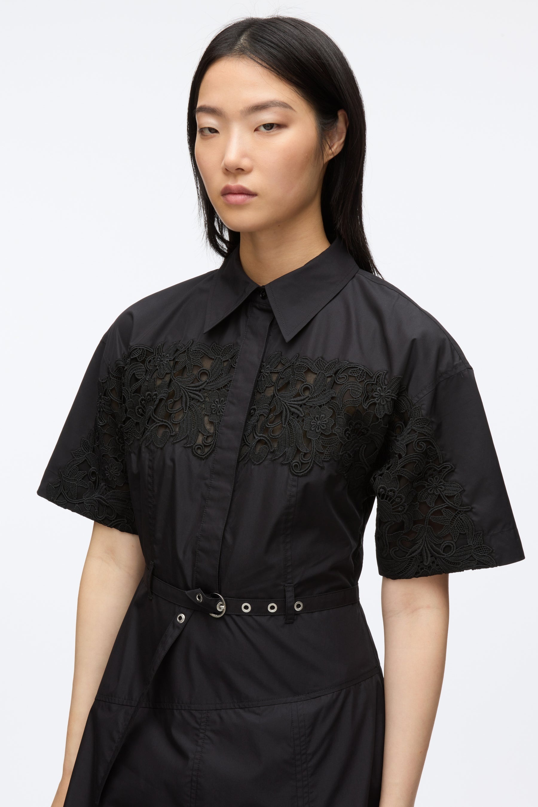 Cascade Hem Shirt Dress with Lace - 5