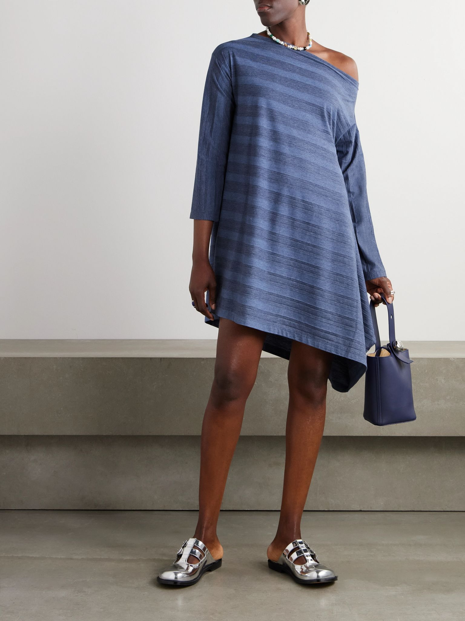 Sash convertible asymmetric twist-front striped cotton-blend jersey midi skirt Blue - 4
