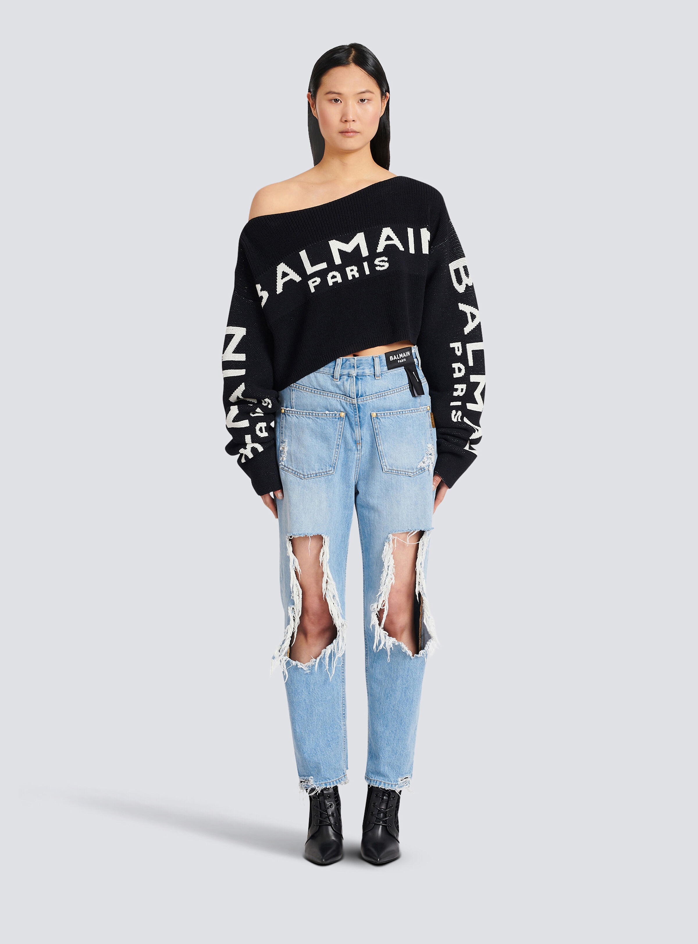Cropped knit sweater with graffiti Balmain logo print - 3
