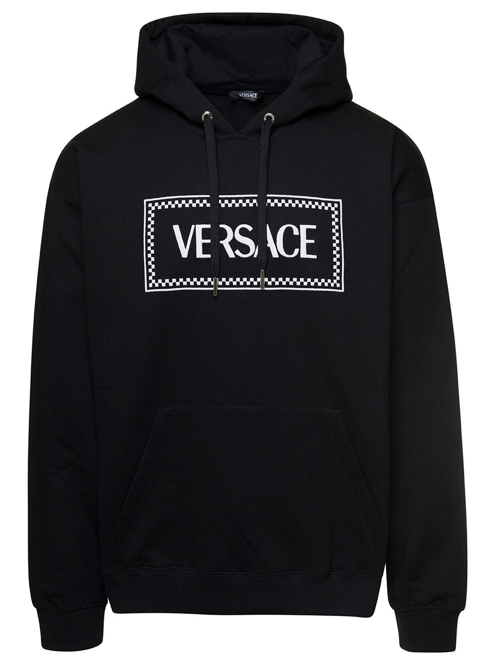 Versace Men Black Hoodie With Contrasting Logo Lettering Print In Cotton Man - 1