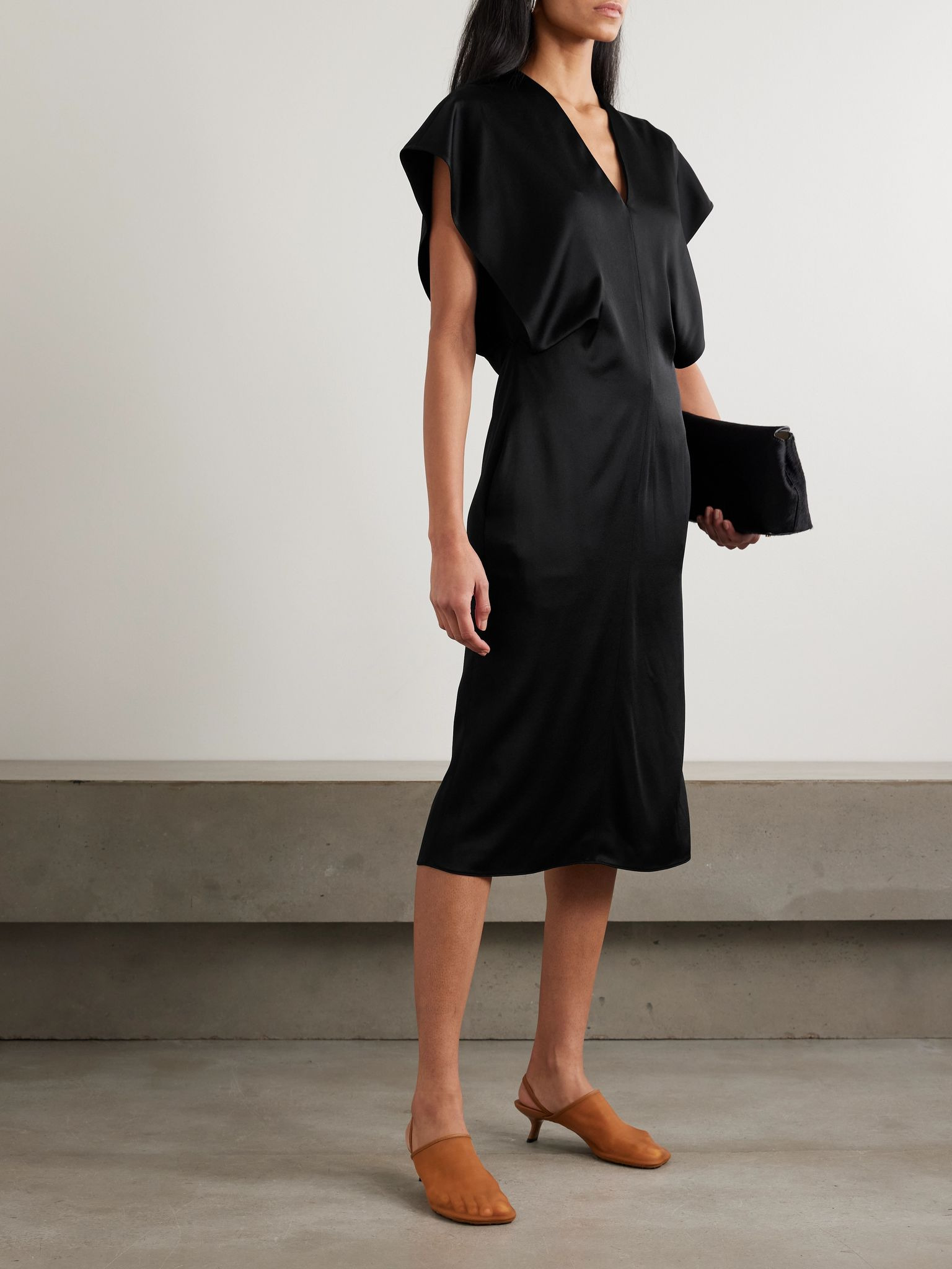 Draped satin midi dress Black - 2