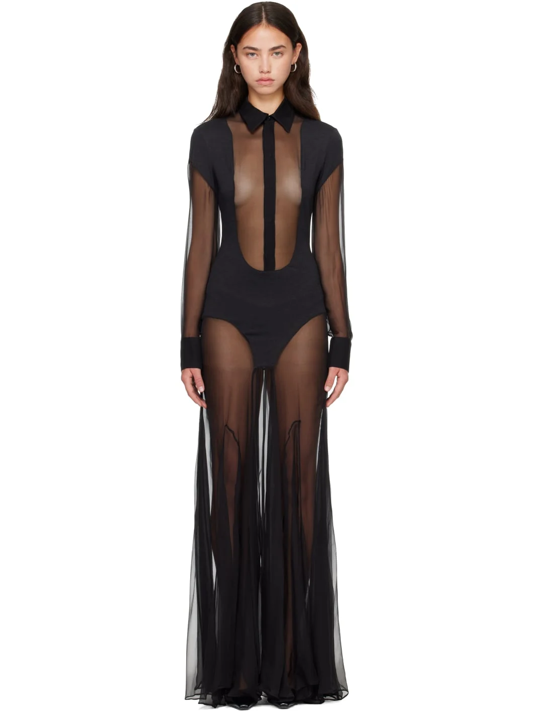 Black Silk Bi Material Maxi Dress - 1