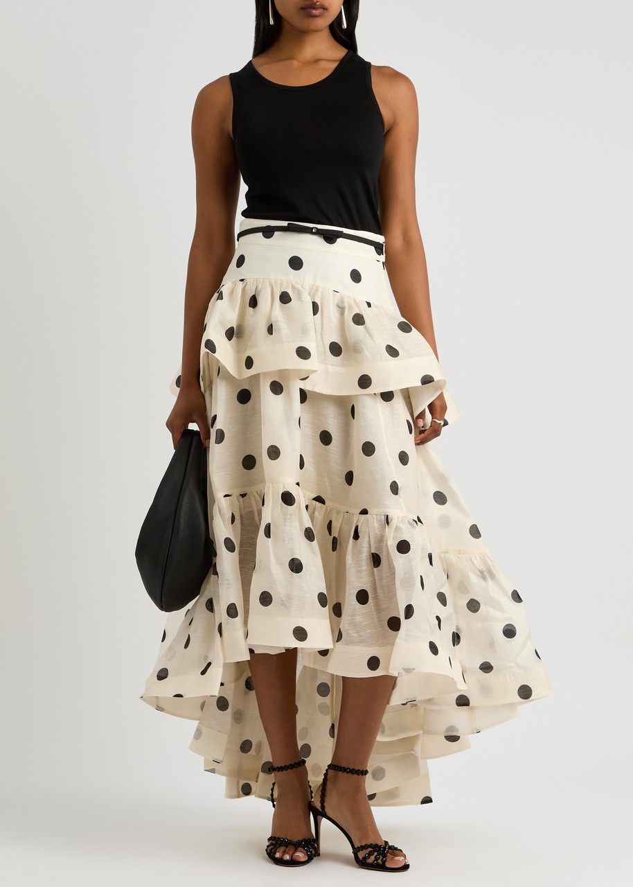 スカート ZIMMERMANN CRUSH SILK BLEND SKIRT ZIMMERMANN Crush tiered ruffled polka-dot linen and silk